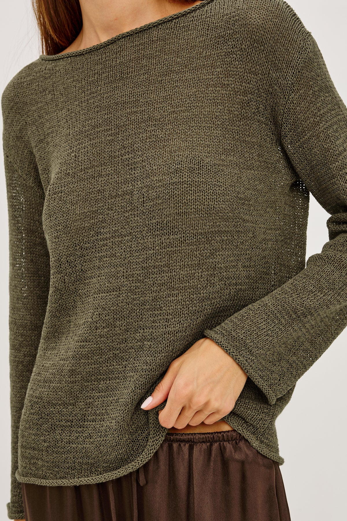 Evangeline Sweater in Luxe Linen Blend With Open Weave, Boat Neck, Relaxed Dropped Shoulders, and Long Sleeves in Olive Colorway - Upper Body Front View Featured on Model