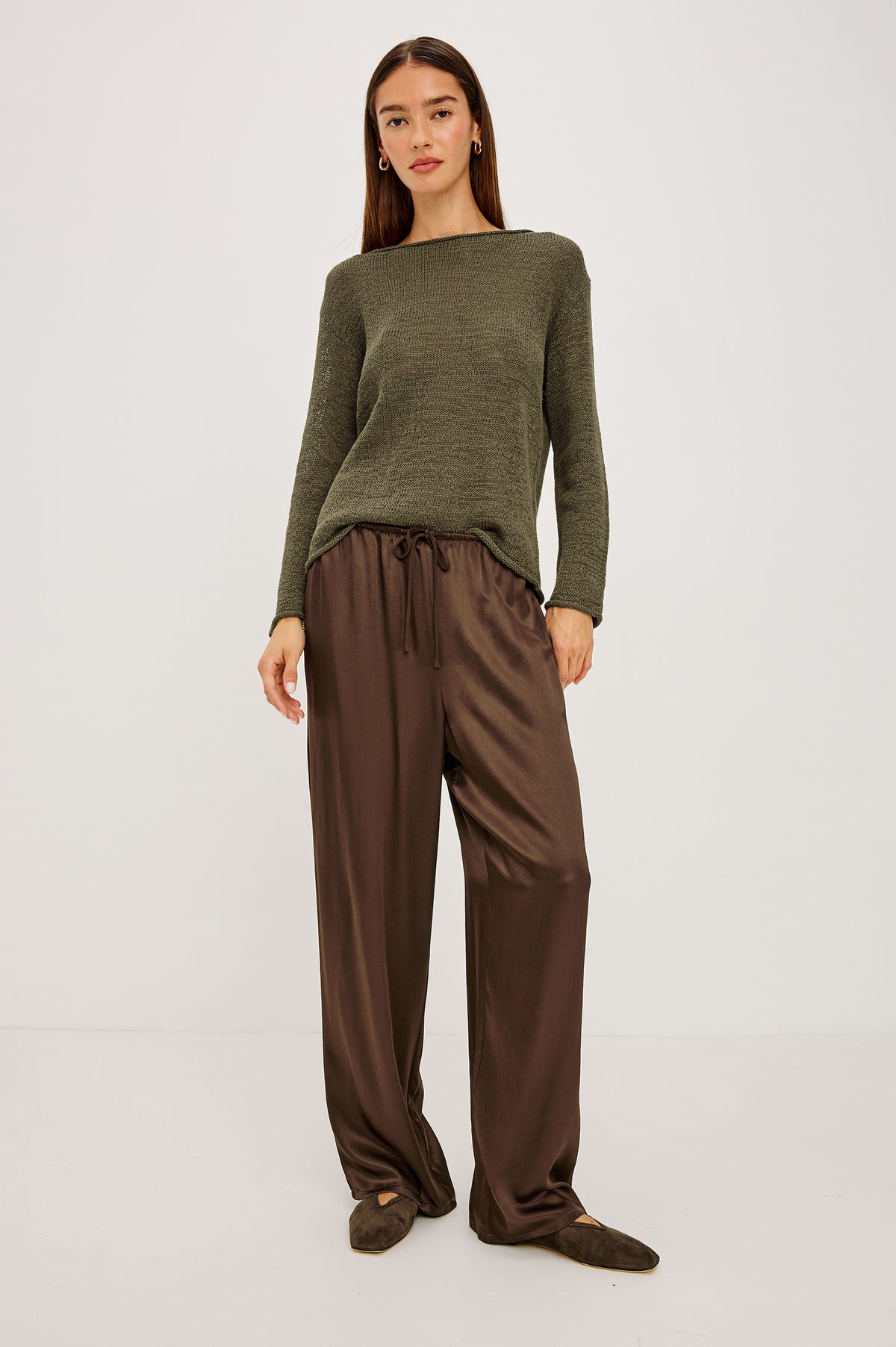 Evangeline Sweater in Luxe Linen Blend With Open Weave, Boat Neck, Relaxed Dropped Shoulders, and Long Sleeves in Olive Colorway - Full Body Front View Featured on Model