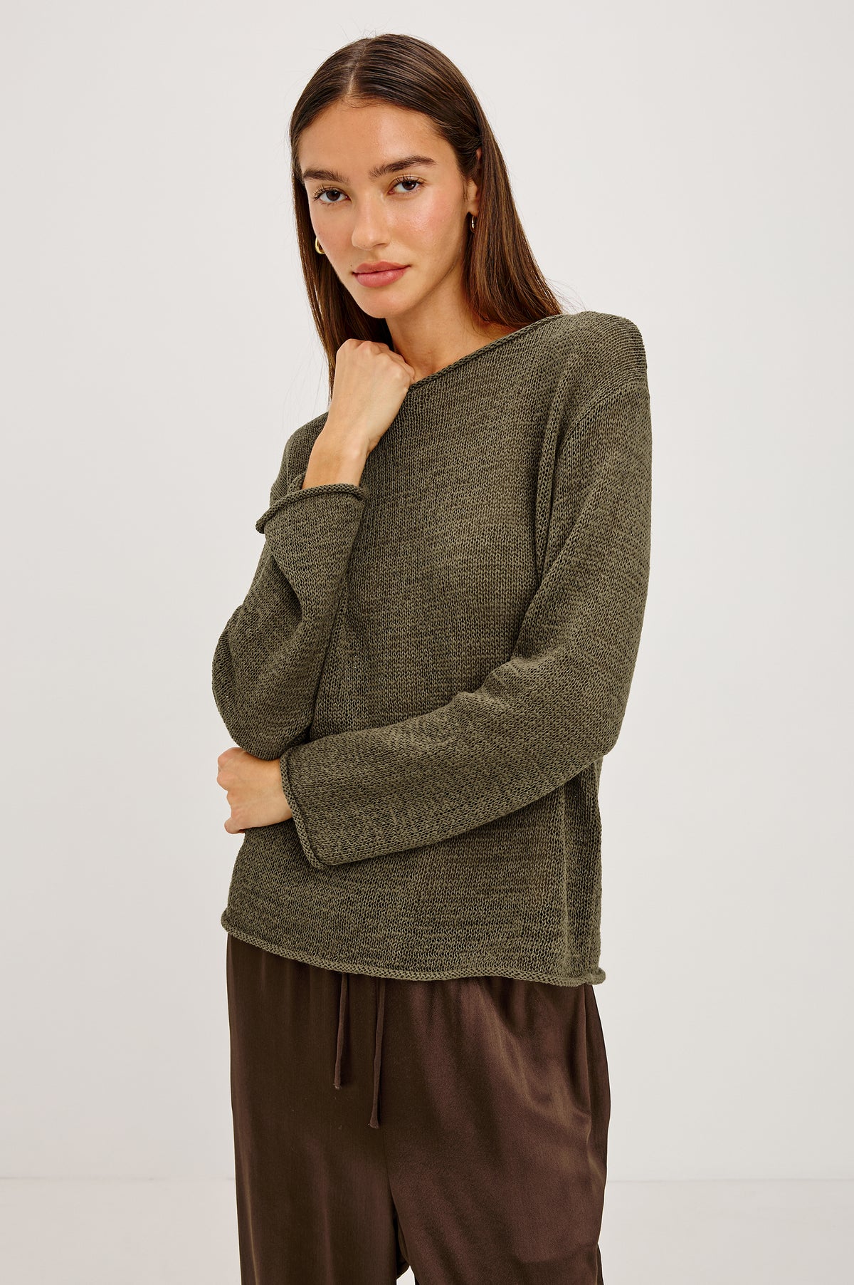 Evangeline Sweater in Luxe Linen Blend With Open Weave, Boat Neck, Relaxed Dropped Shoulders, and Long Sleeves in Olive Colorway - Upper Body Front View Featured on Model