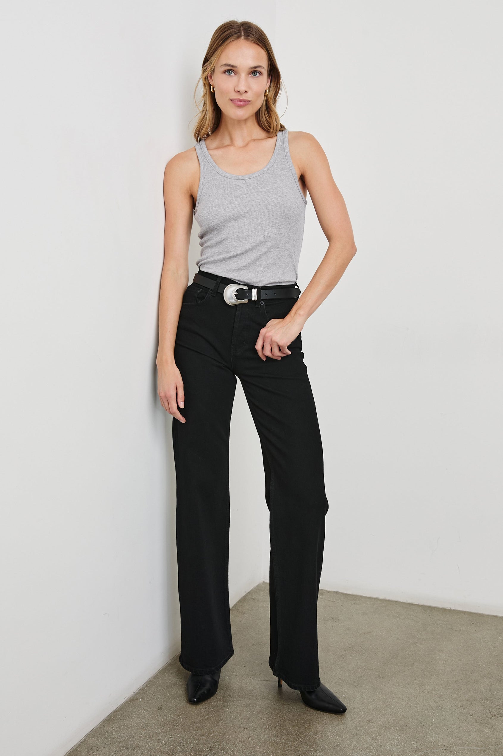 Everyday Tank with a Scoop Neck in Heather Grey Colorway - Front Tucked Full Body View Featured on Model