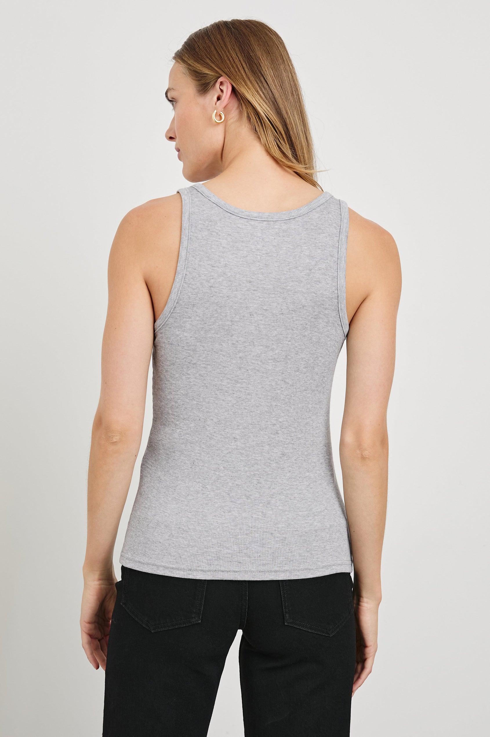 Everyday Tank with a Scoop Neck in Heather Grey Colorway - Back View Featured on Model