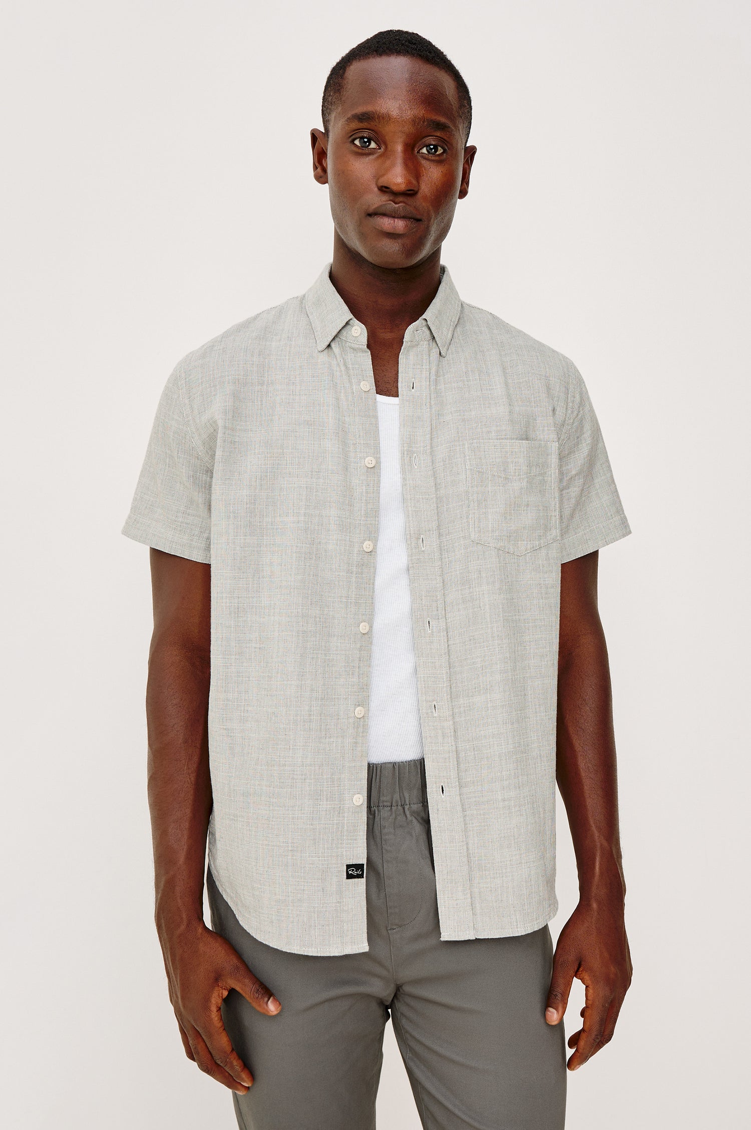 Fairfax Short Sleeve Button-Up Shirt in Lightweight Cotton With a Classic Fit in Platinum Etch Colorway - Upper Body Front View Featured on Model