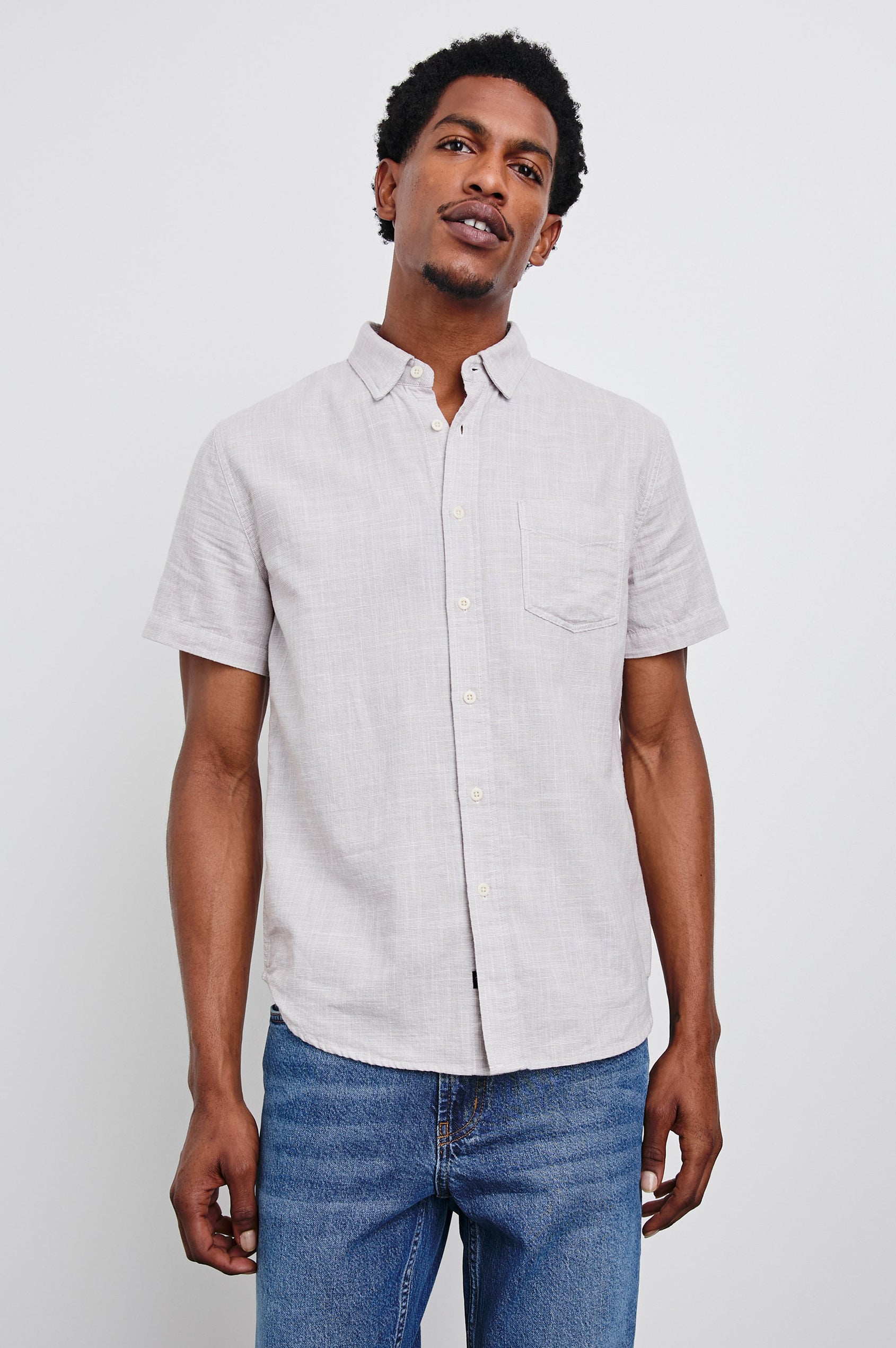 Fairfax Short-Sleeve Button Up with a Chest Patch Pocket in Tahini Etch Colorway - Front View Featured on Model