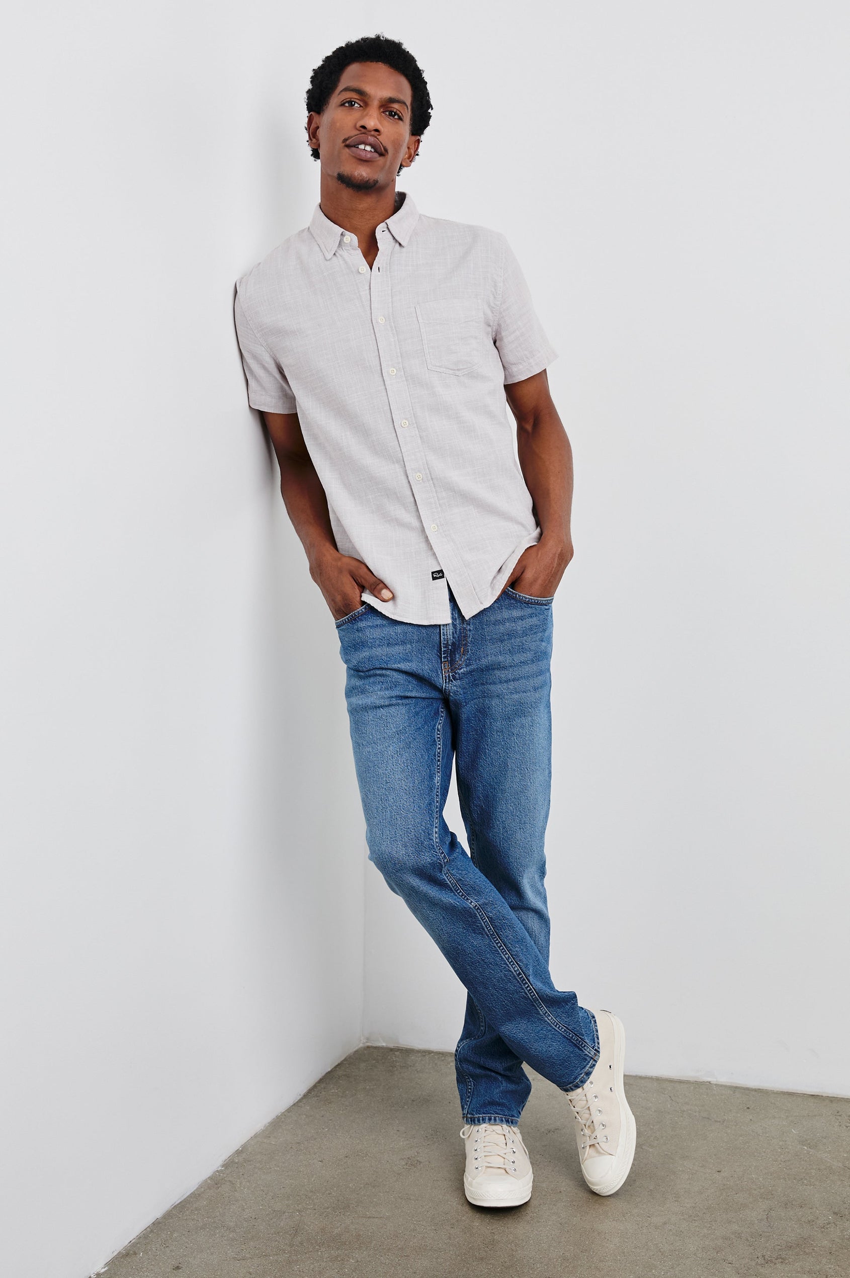 Fairfax Short-Sleeve Button Up with a Chest Patch Pocket in Tahini Etch Colorway - Front Full Body View Featured on Model