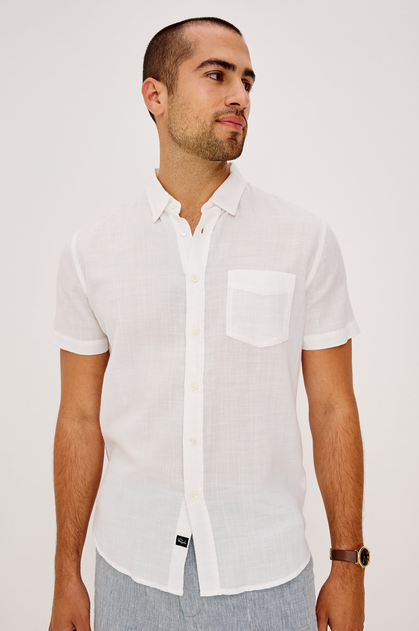 Fairfax Short Sleeve Button-Up Shirt in Lightweight Cotton With a Classic Fit in White Colorway - Upper Body Front View Featured on Model