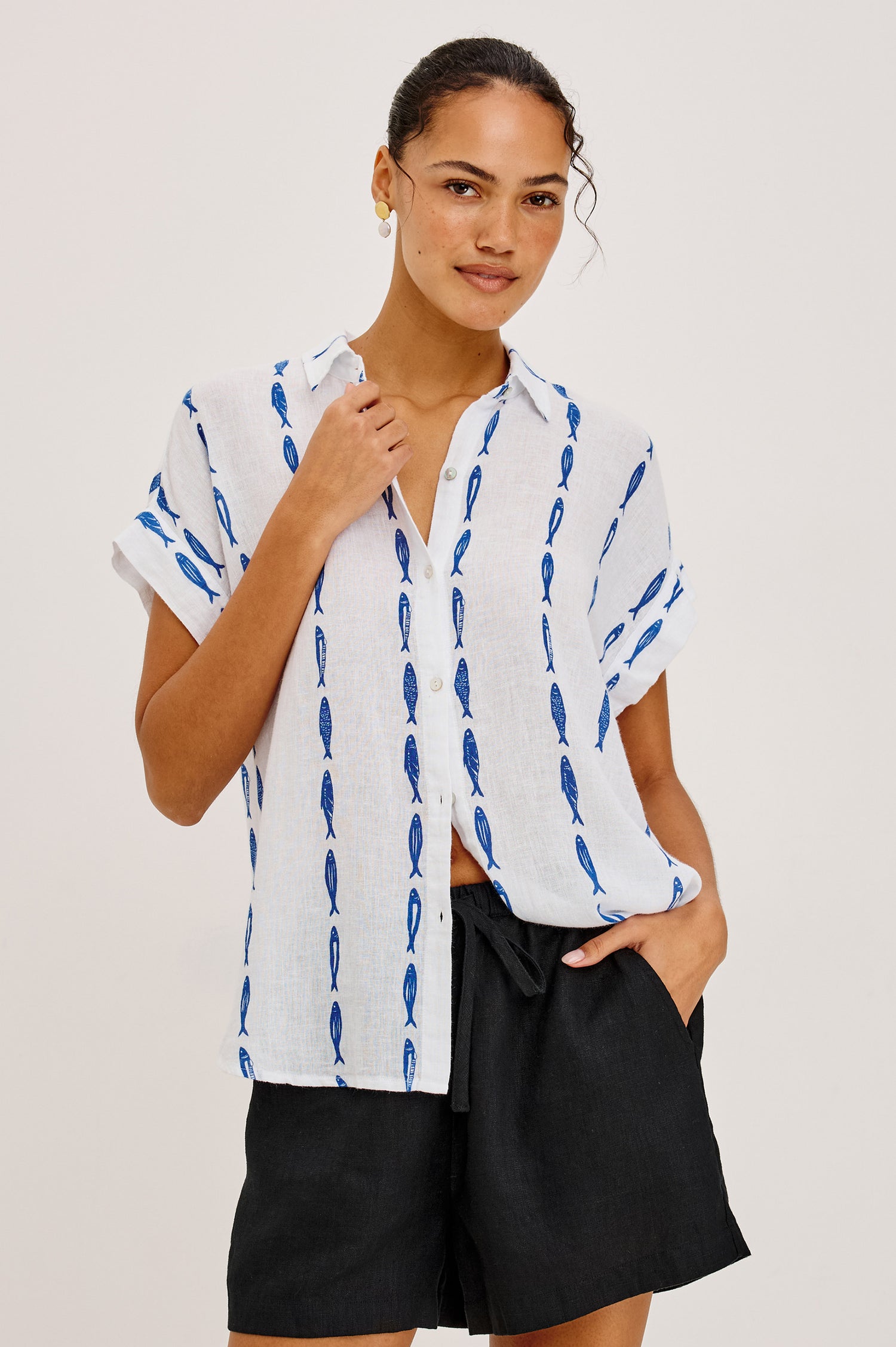 Farrah Button-Up Shirt in Featherweight Rayon With Collar, Short Rolled Sleeves, and Relaxed Fit in Sardines Colorway - Upper Body Front View Featured on Model