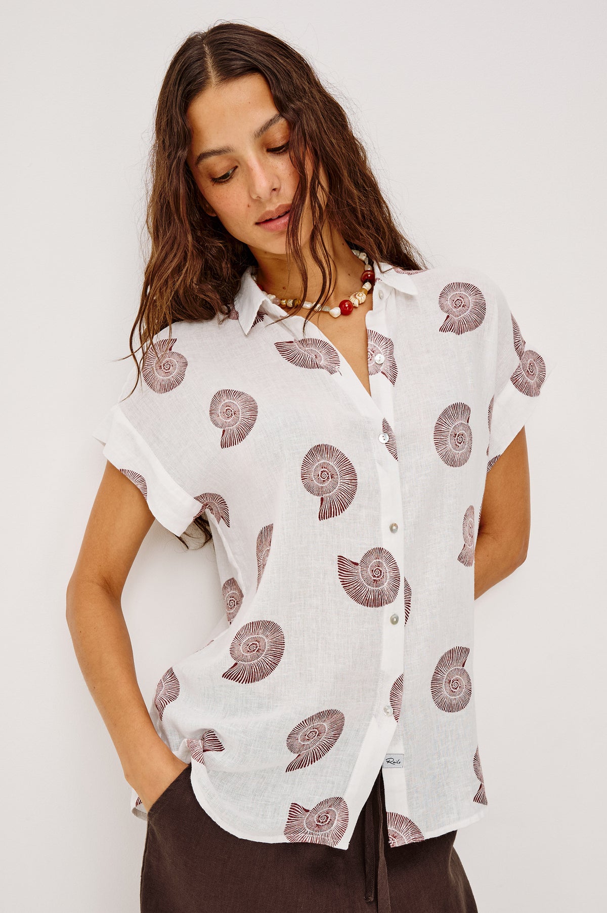 Farrah Button-Up Shirt in Featherweight Rayon With Collar, Short Rolled Sleeves, and Relaxed Fit in Spiral Shells Colorway - Upper Body Front View Featured on Model
