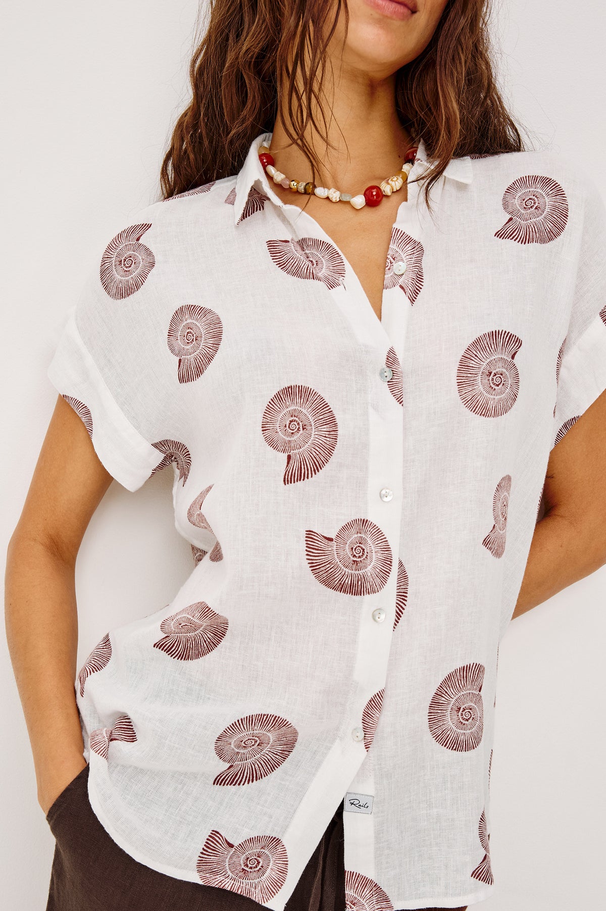 Farrah Button-Up Shirt in Featherweight Rayon With Collar, Short Rolled Sleeves, and Relaxed Fit in Spiral Shells Colorway - Upper Body Front View Featured on Model