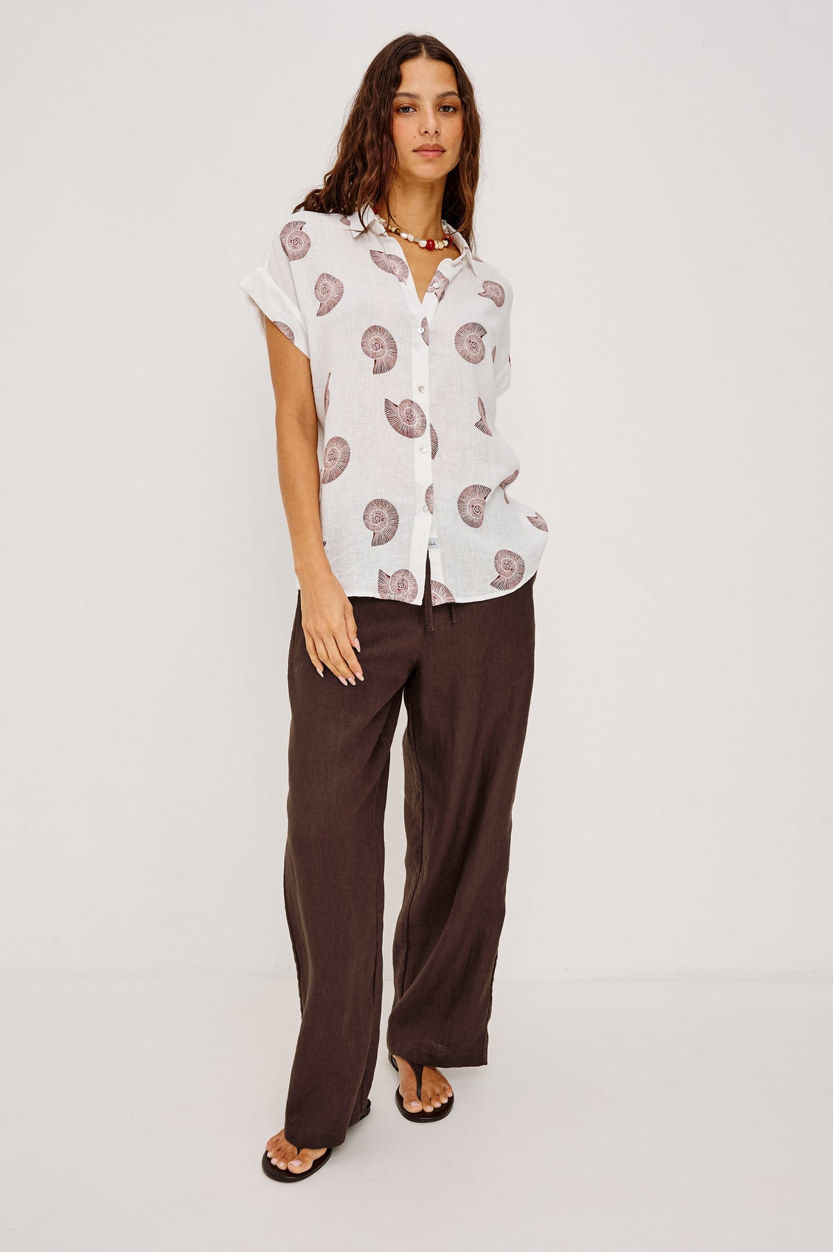 Farrah Button-Up Shirt in Featherweight Rayon With Collar, Short Rolled Sleeves, and Relaxed Fit in Spiral Shells Colorway - Full Body Front View Featured on Model
