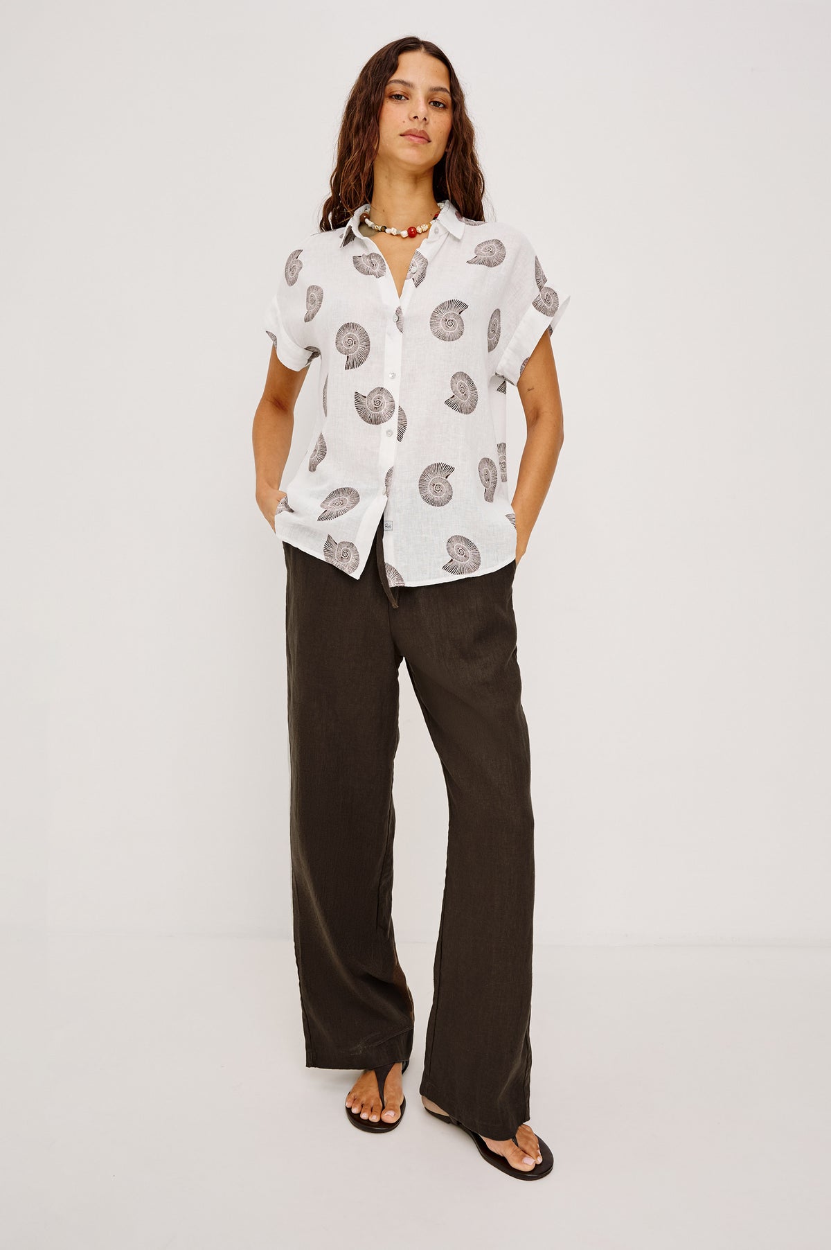 Farrah Button-Up Shirt in Featherweight Rayon With Collar, Short Rolled Sleeves, and Relaxed Fit in Spiral Shells Colorway - Full Body Front View Featured on Model