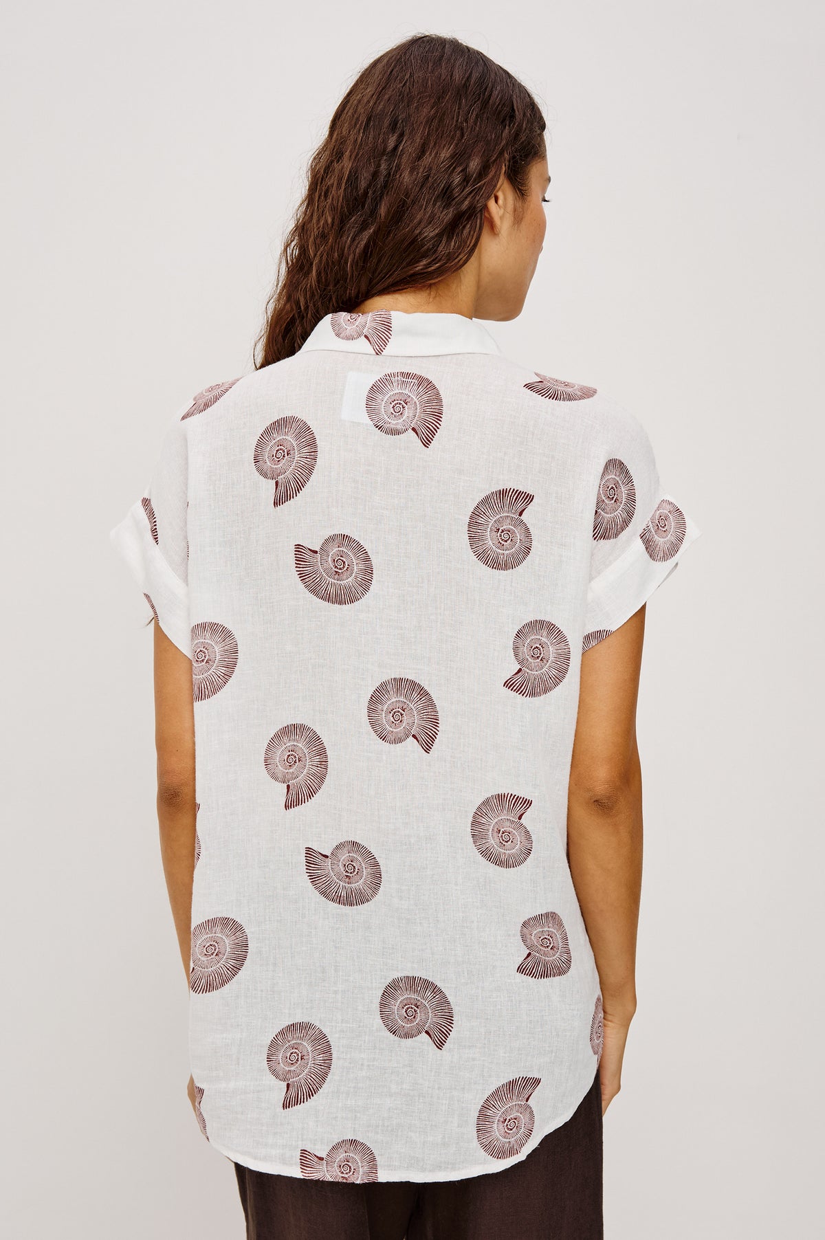Farrah Button-Up Shirt in Featherweight Rayon With Collar, Short Rolled Sleeves, and Relaxed Fit in Spiral Shells Colorway - Upper Body Back View Featured on Model