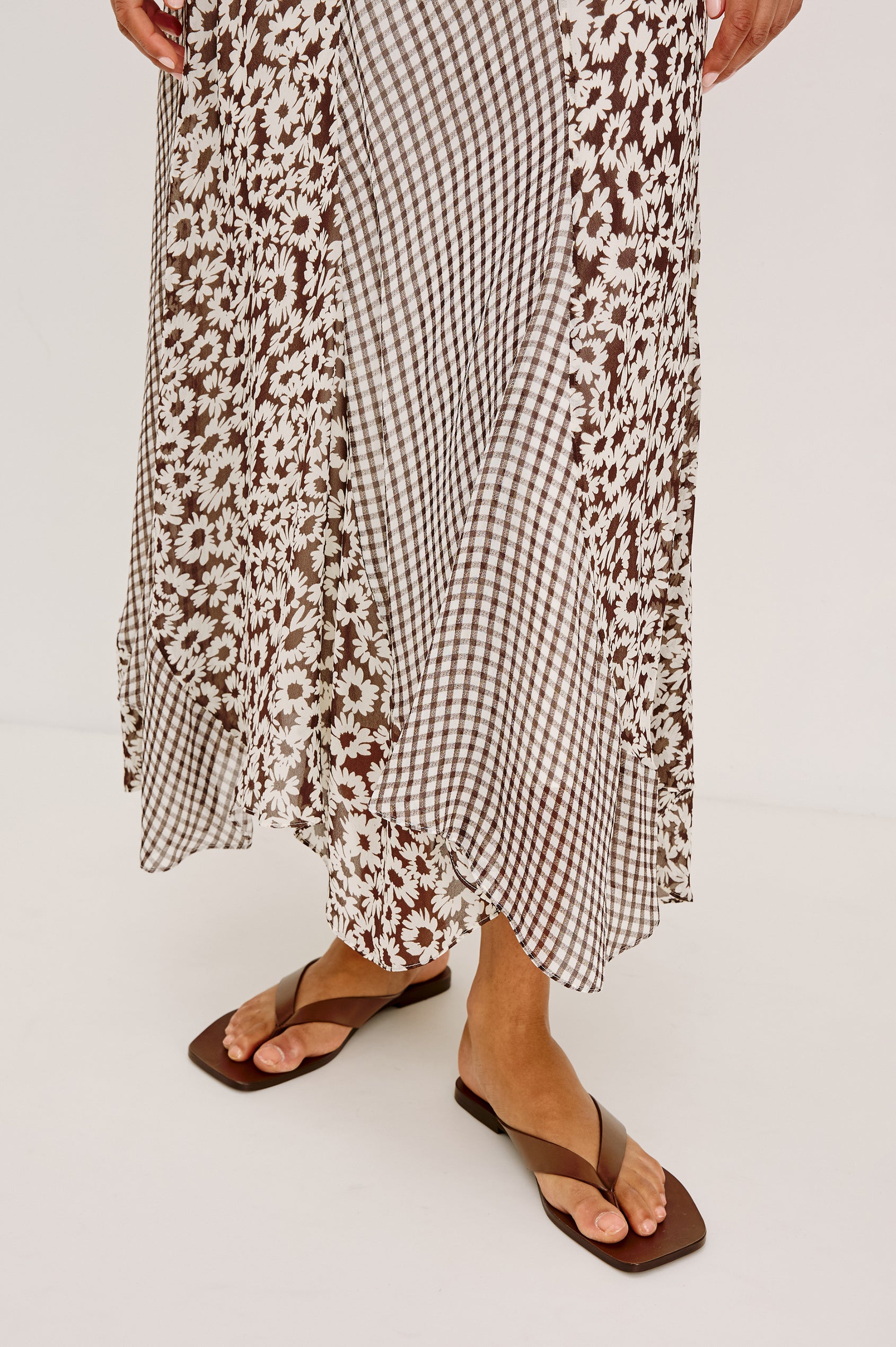 Felina High-Waisted Maxi Skirt in Chiffon With Contrast Panels and Full Lining in Espresso Daisy Gingham Mix - Lower Body Close Up Front View Featured on Model