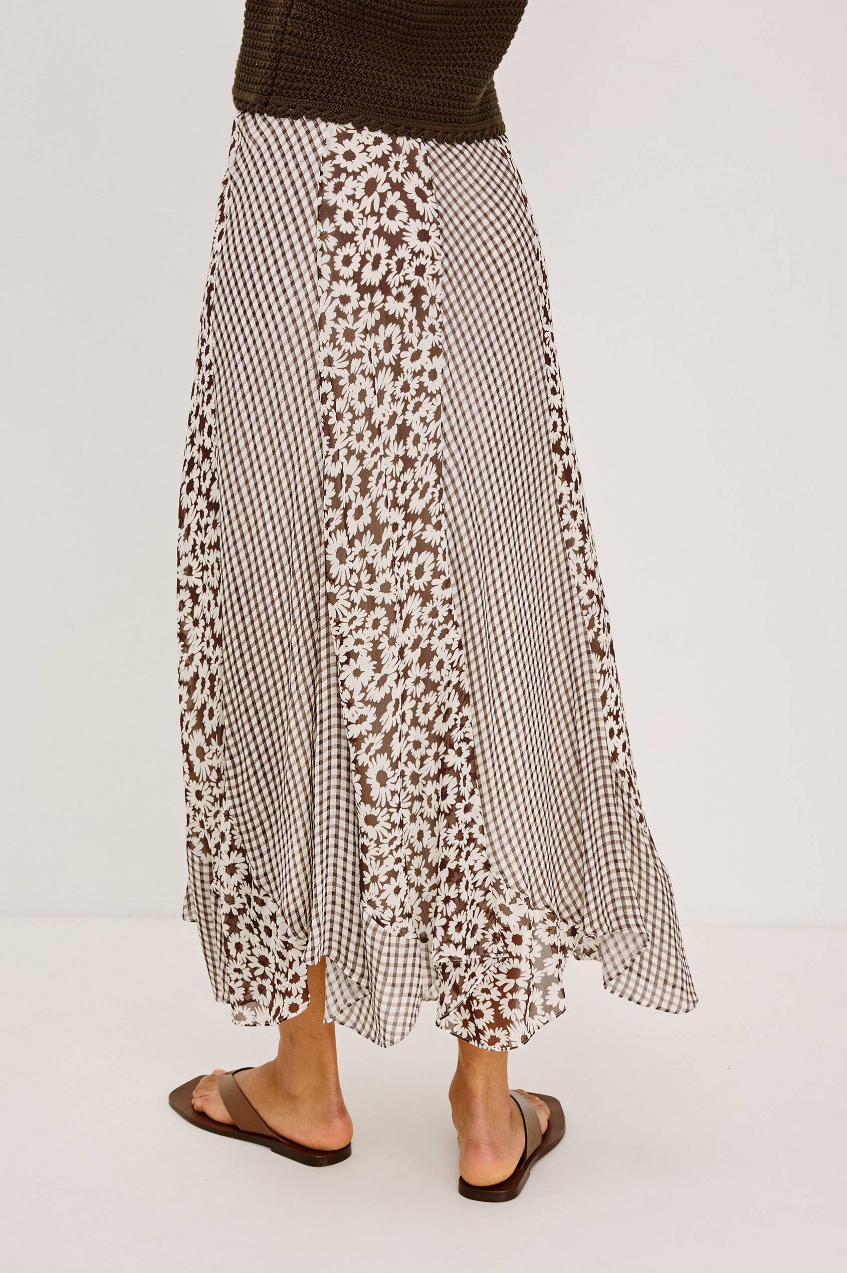 Felina High-Waisted Maxi Skirt in Chiffon With Contrast Panels and Full Lining in Espresso Daisy Gingham Mix - Lower Body Back View Featured on Model