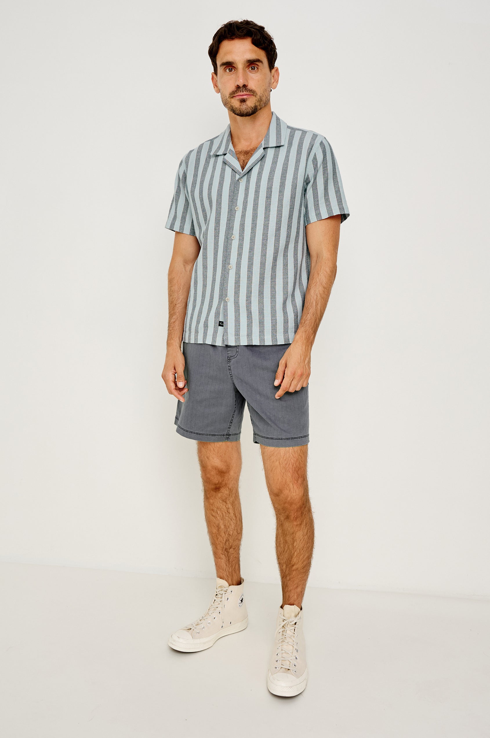 Fielder Camp Shirt With Front Buttons, Short Sleeves, and Relaxed, Boxy Fit in Blue Jay Stripe Colorway - Full Body Front View Featured on Model
