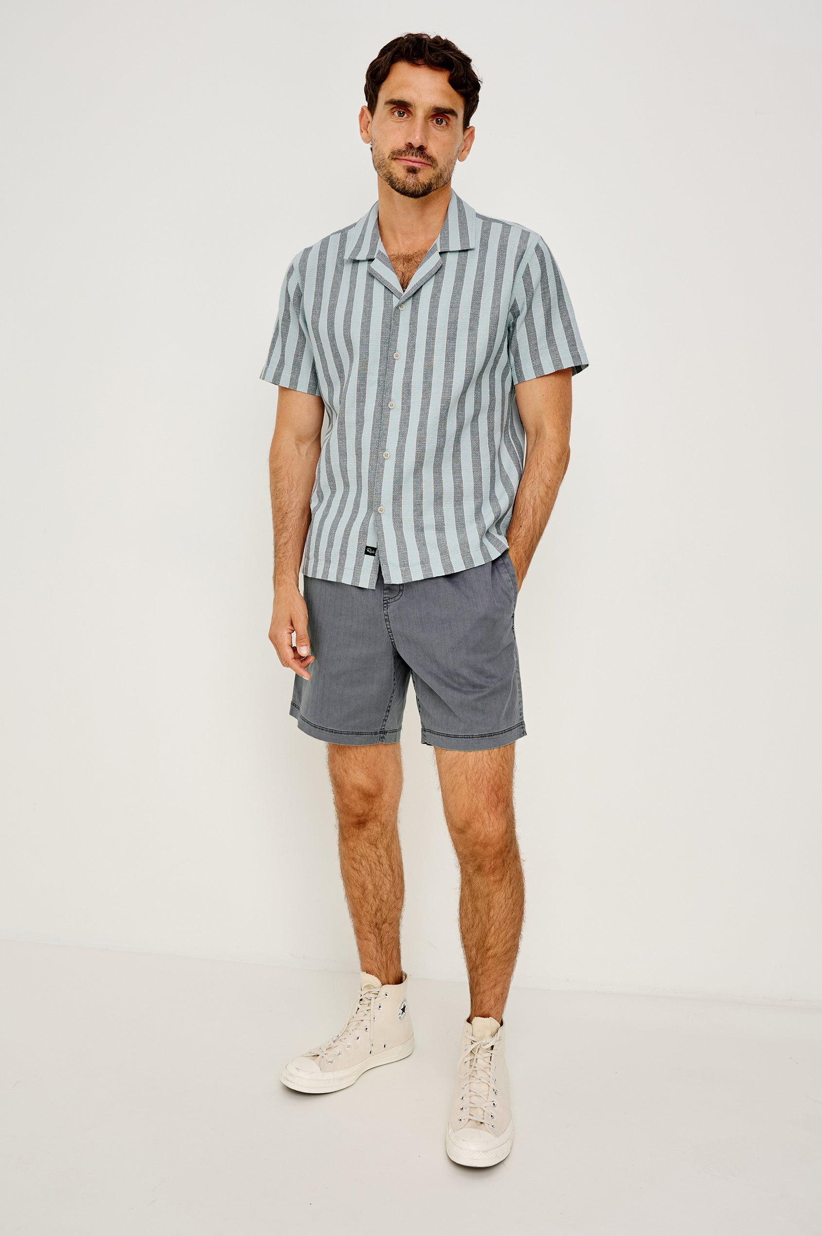 Fielder Camp Shirt With Front Buttons, Short Sleeves, and Relaxed, Boxy Fit in Blue Jay Stripe Colorway - Full Body Front View Featured on Model