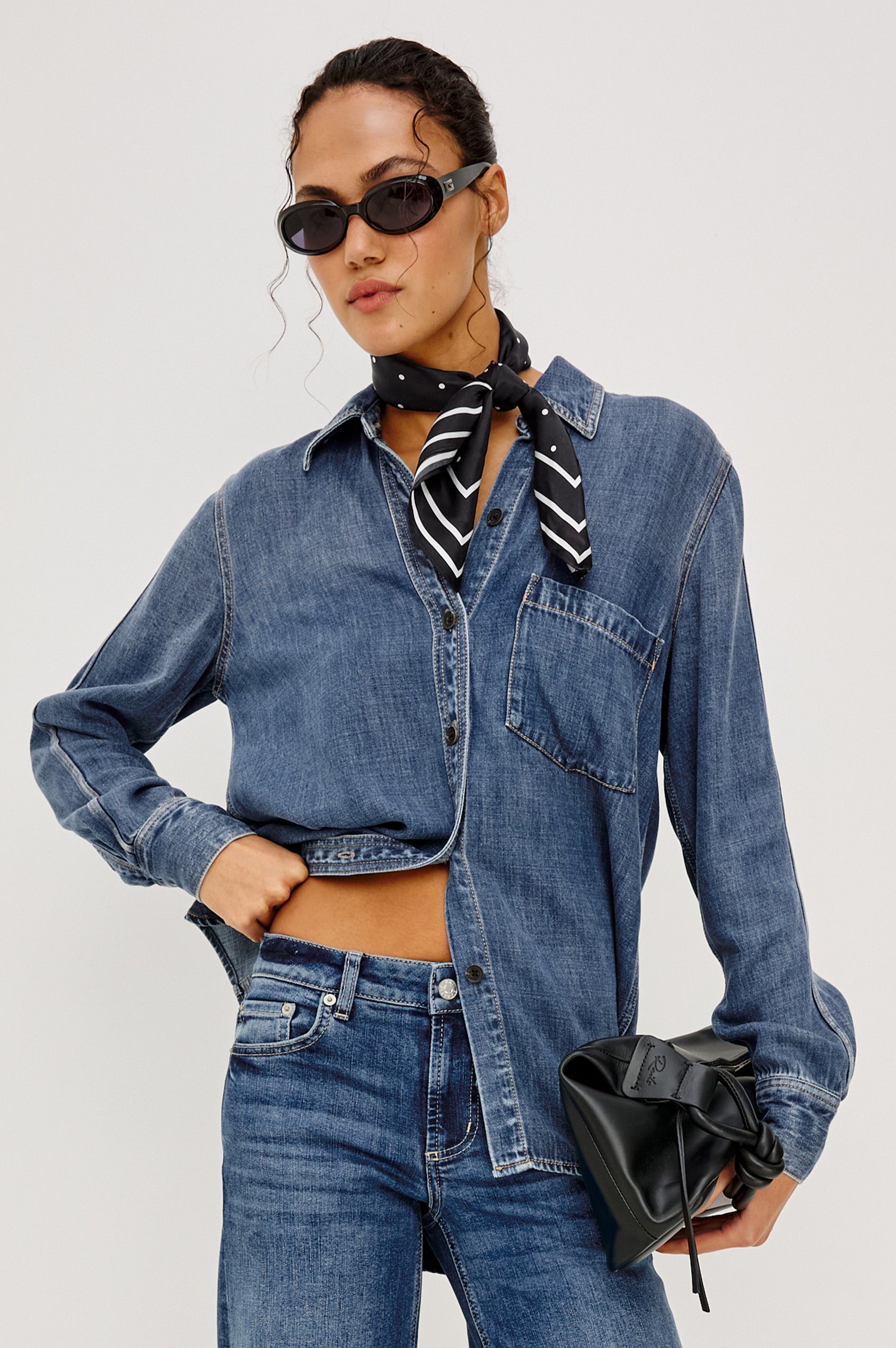 Finna Square Scarf in 100% Silk With Contrast Polka Dots and Striped Outline in Black Colorway - Stylized Upper Body Front View Featured on Model