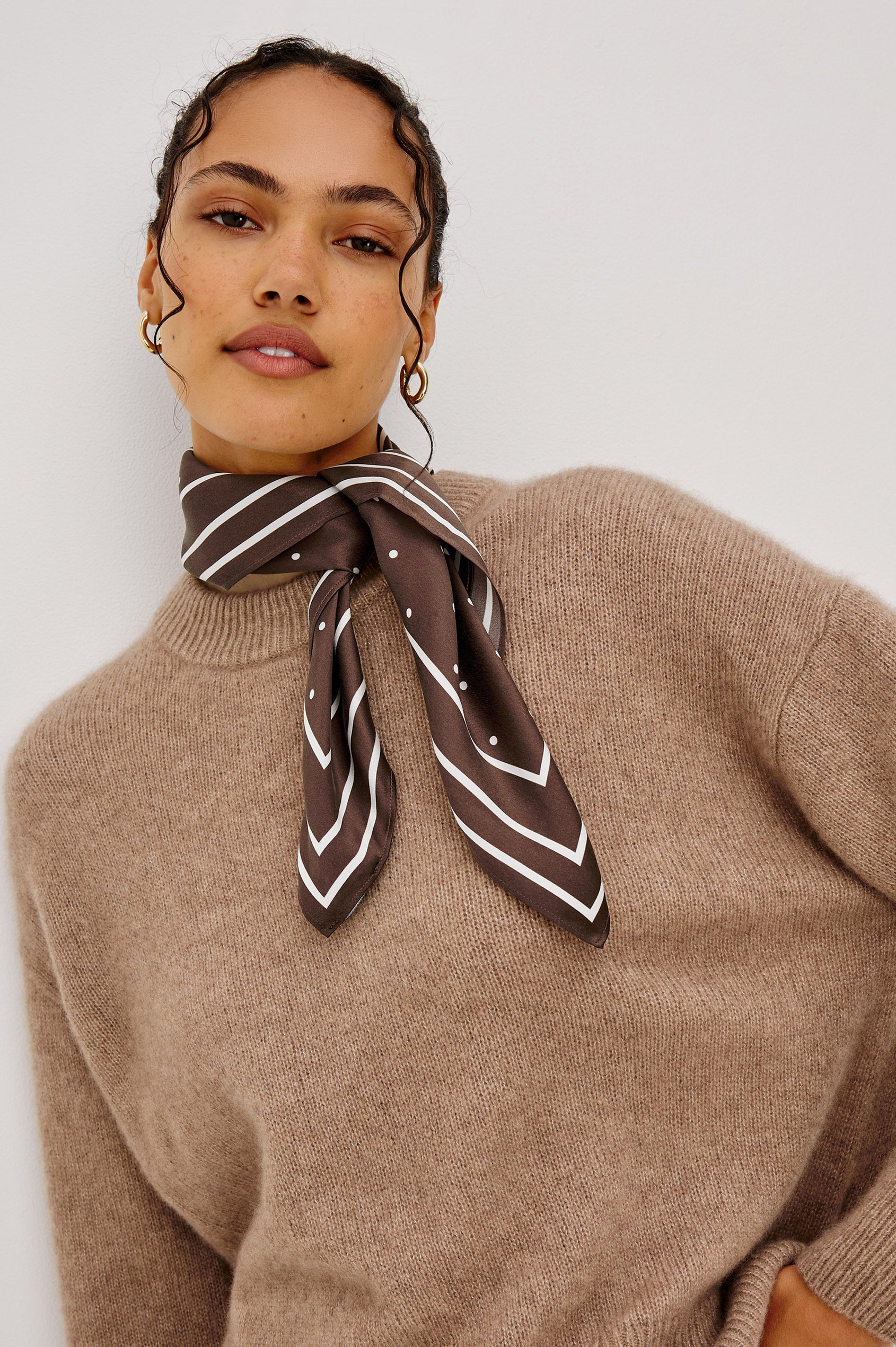 Finna Square Scarf in 100% Silk With Contrast Polka Dots and Striped Outline in Brown Colorway - Front View on model Featured