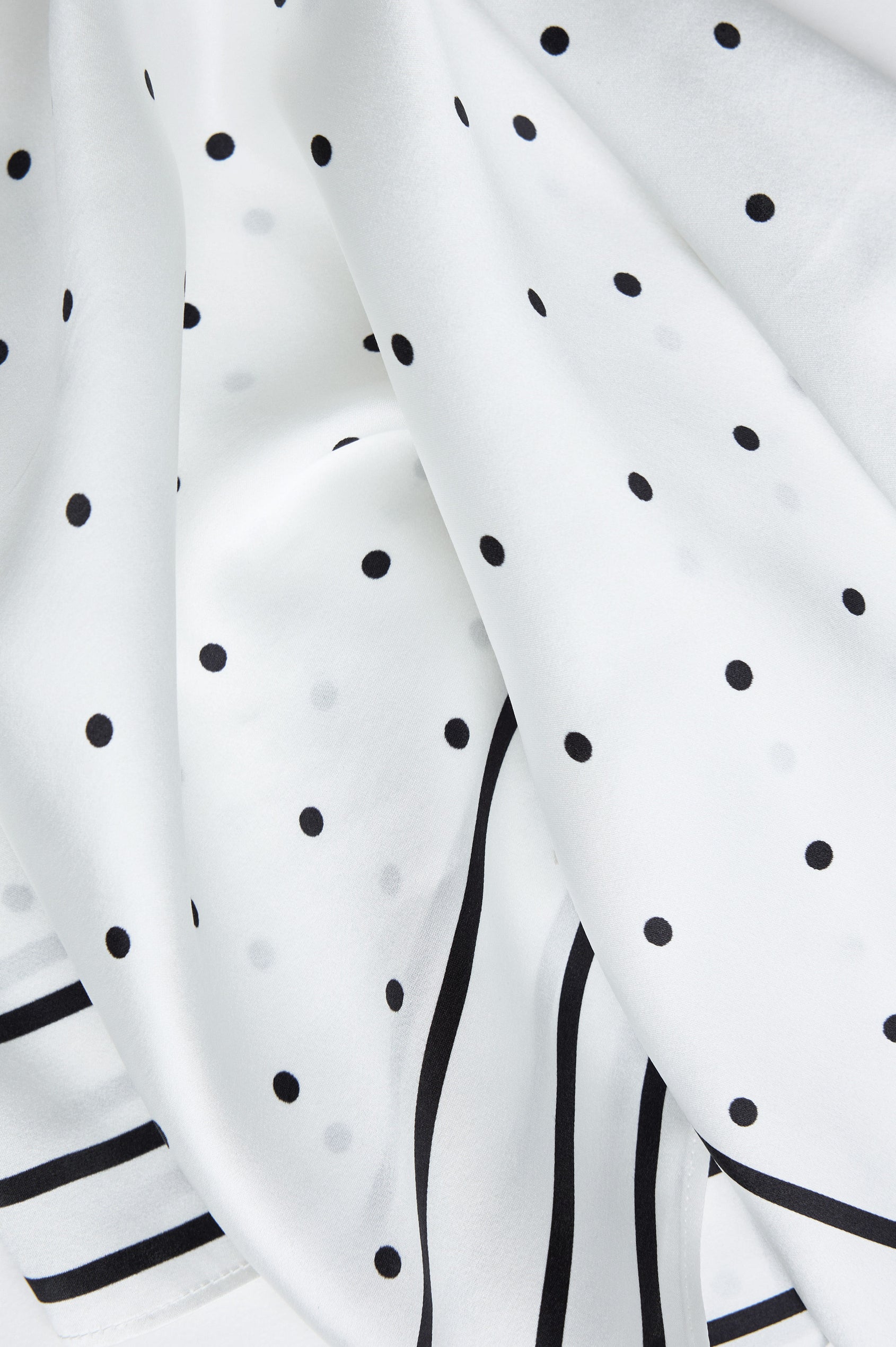 Finna Square Scarf in 100% Silk With Contrast Polka Dots and Striped Outline in White Colorway - Flat Lay Close Up View Featured