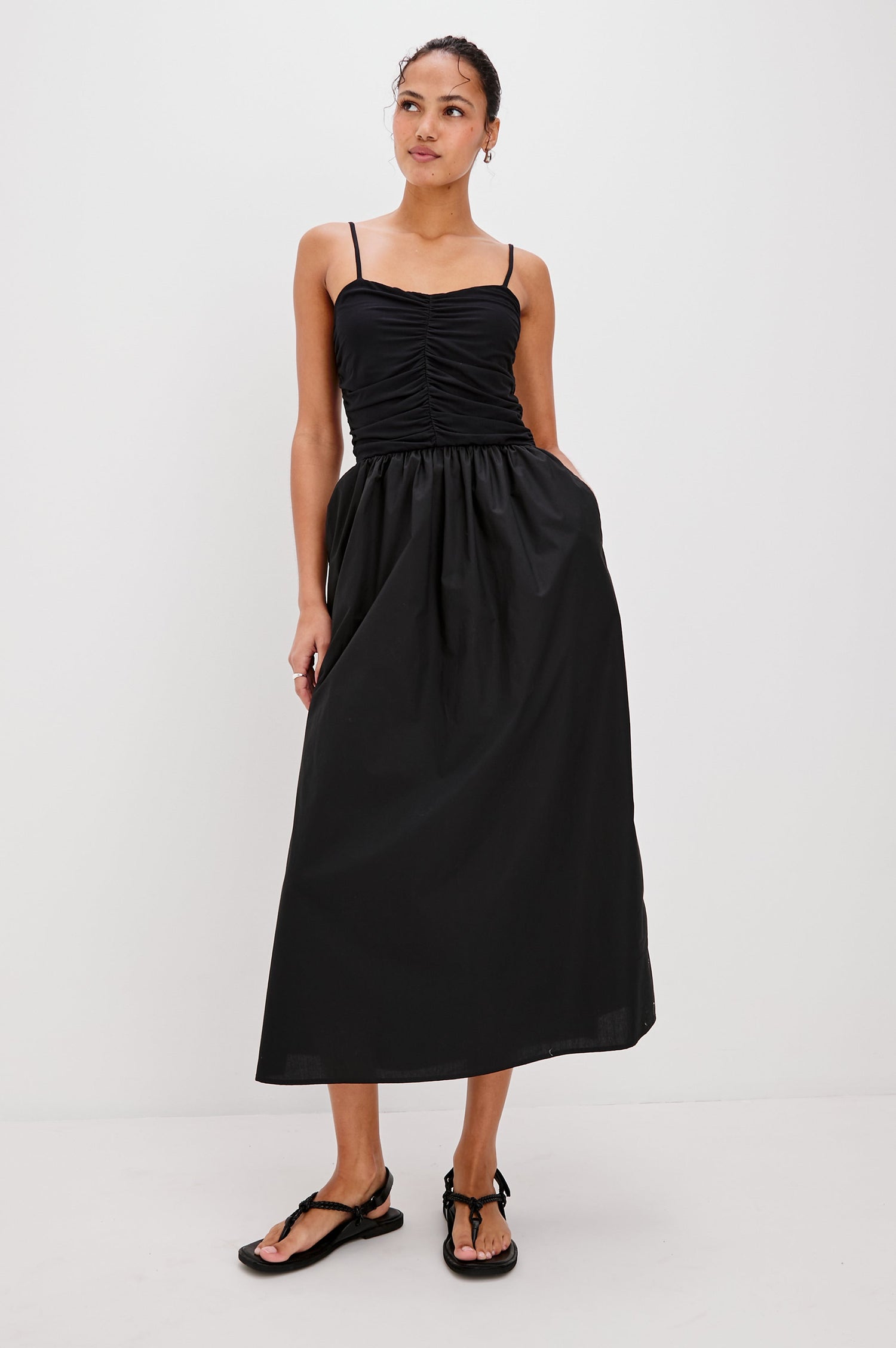 Fisher Midi Tank Dress with Spaghetti Straps, Gathered Center Front Detail on Bodice and a Gathered Waistband in Black Colorway. Front View Shown on Model.