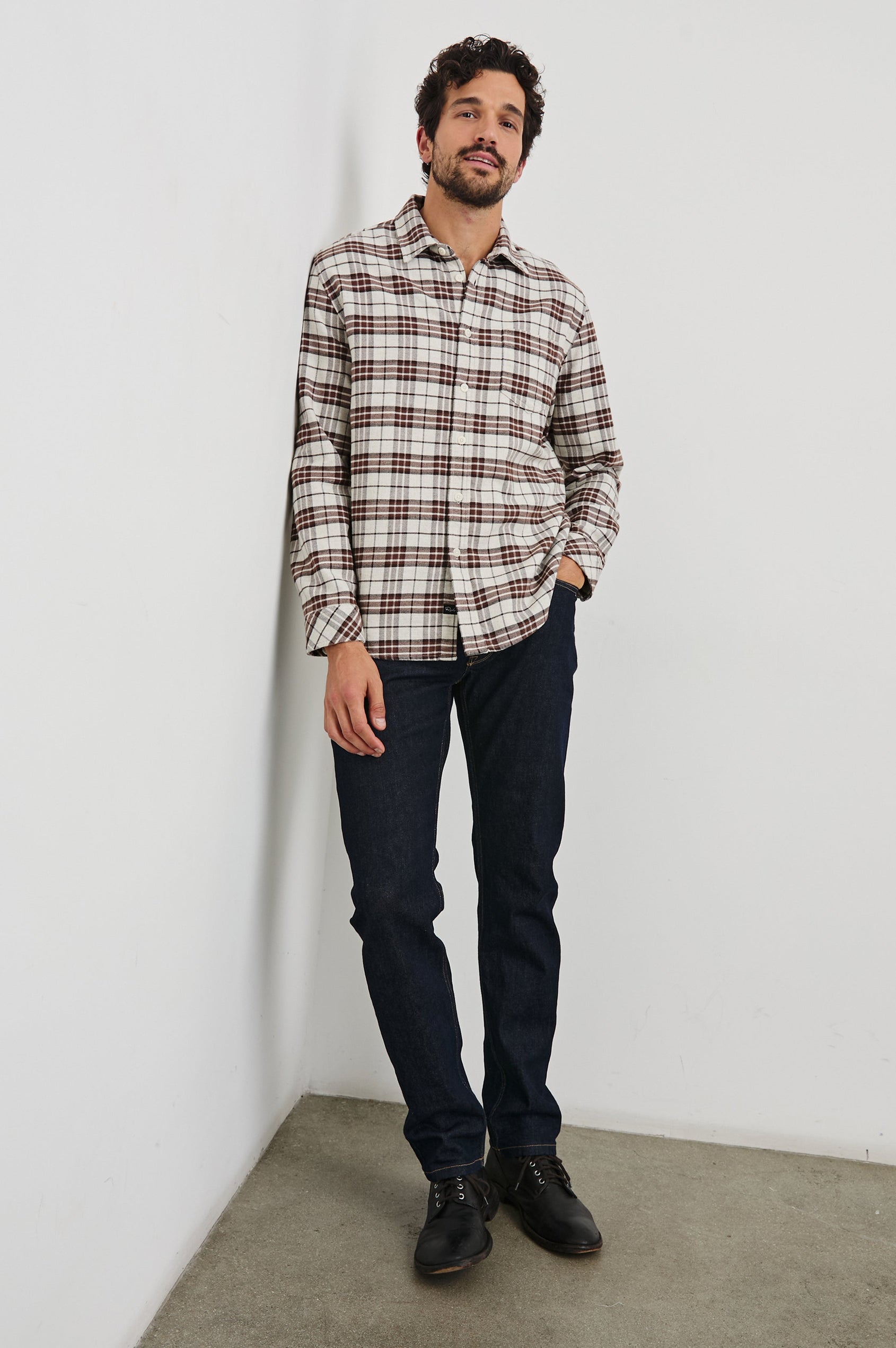 Forrest Long-Sleeve Button Up with a Chest Patch Pocket in Sandalwood Mosaic Colorway, a Brown and Cream plaid - Front Full Body View Featured on Model
