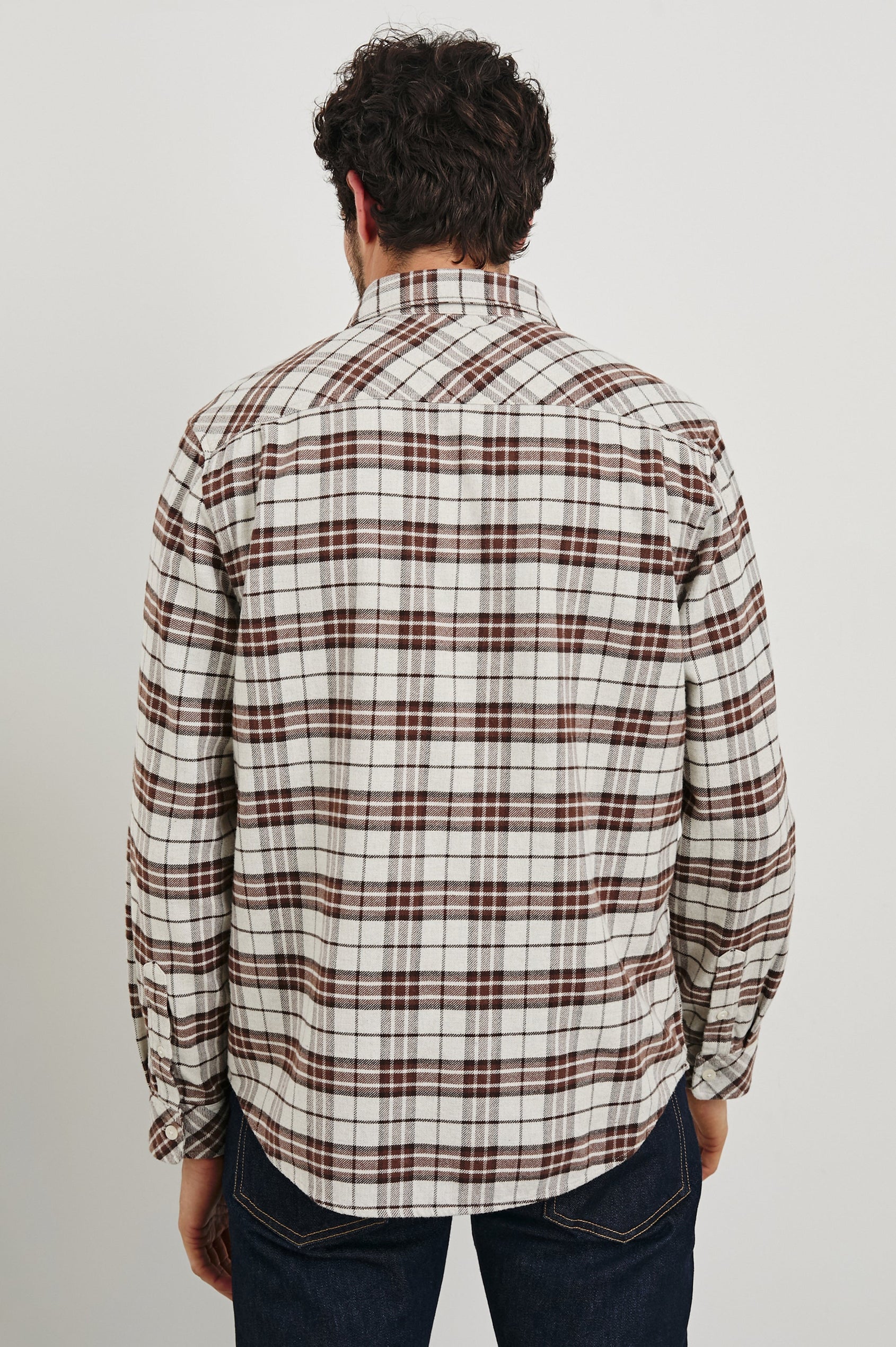 Forrest Long-Sleeve Button Up with a Chest Patch Pocket in Sandalwood Mosaic Colorway, a Brown and Cream plaid - Back View Featured on Model