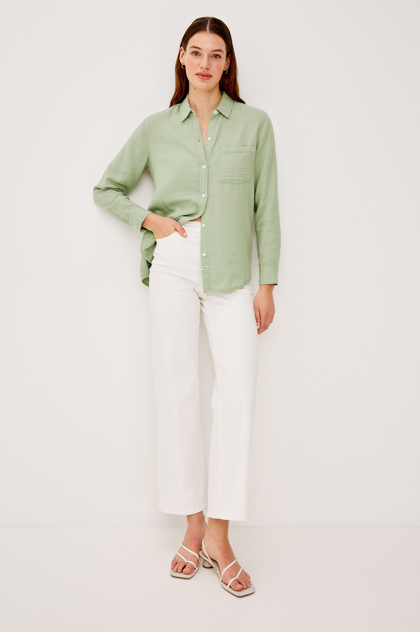 Freeman Button-Up Collared Shirt With Subtle Herringbone Texture Relaxed FIt Chest Patch Pockets and Long Sleeves in Vintage Sage Colorway - Full Body Front View Featured on Model
