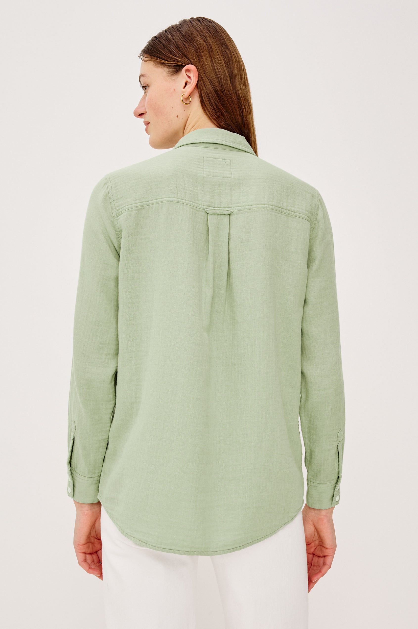 Freeman Button-Up Collared Shirt With Subtle Herringbone Texture Relaxed FIt Chest Patch Pockets and Long Sleeves in Vintage Sage Colorway - Upper Body Back View Featured on Model