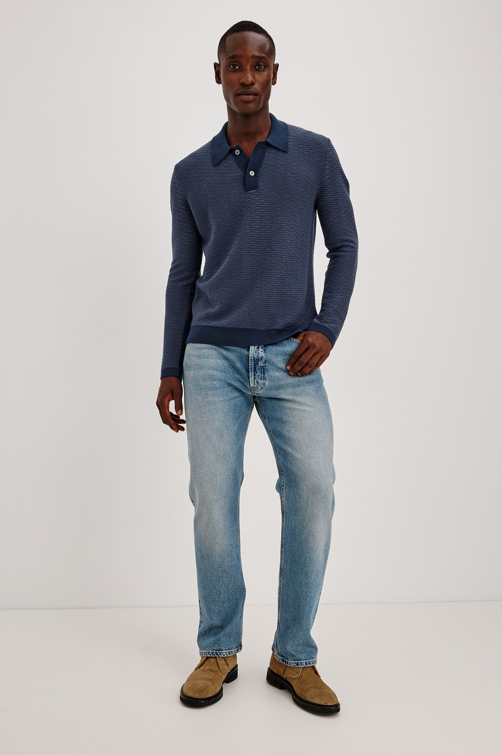 Fulton Sweater in Lightweight Cotton Knit With Raglan Long Sleeves, Two-Button Placket, Collar, and Tonal Texture in Navy Wave Colorway - Full Body Front View Featured on Model
