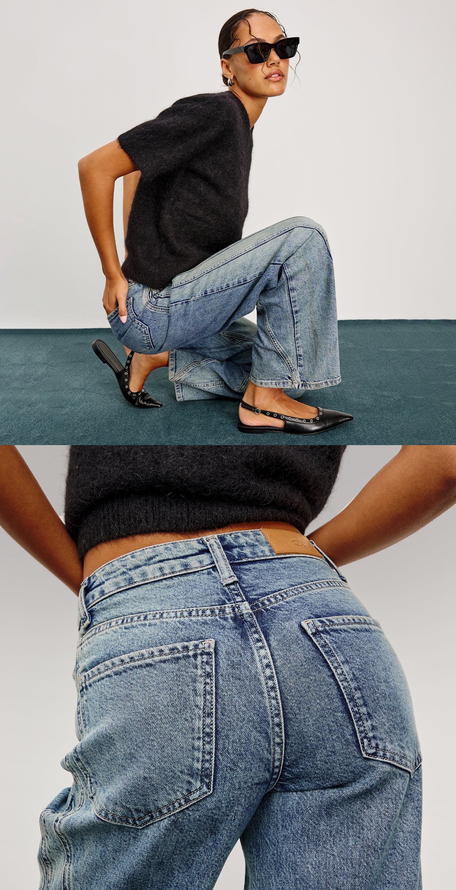 Person wearing black top and blue jeans with sunglasses, followed by a close-up of the jeans.