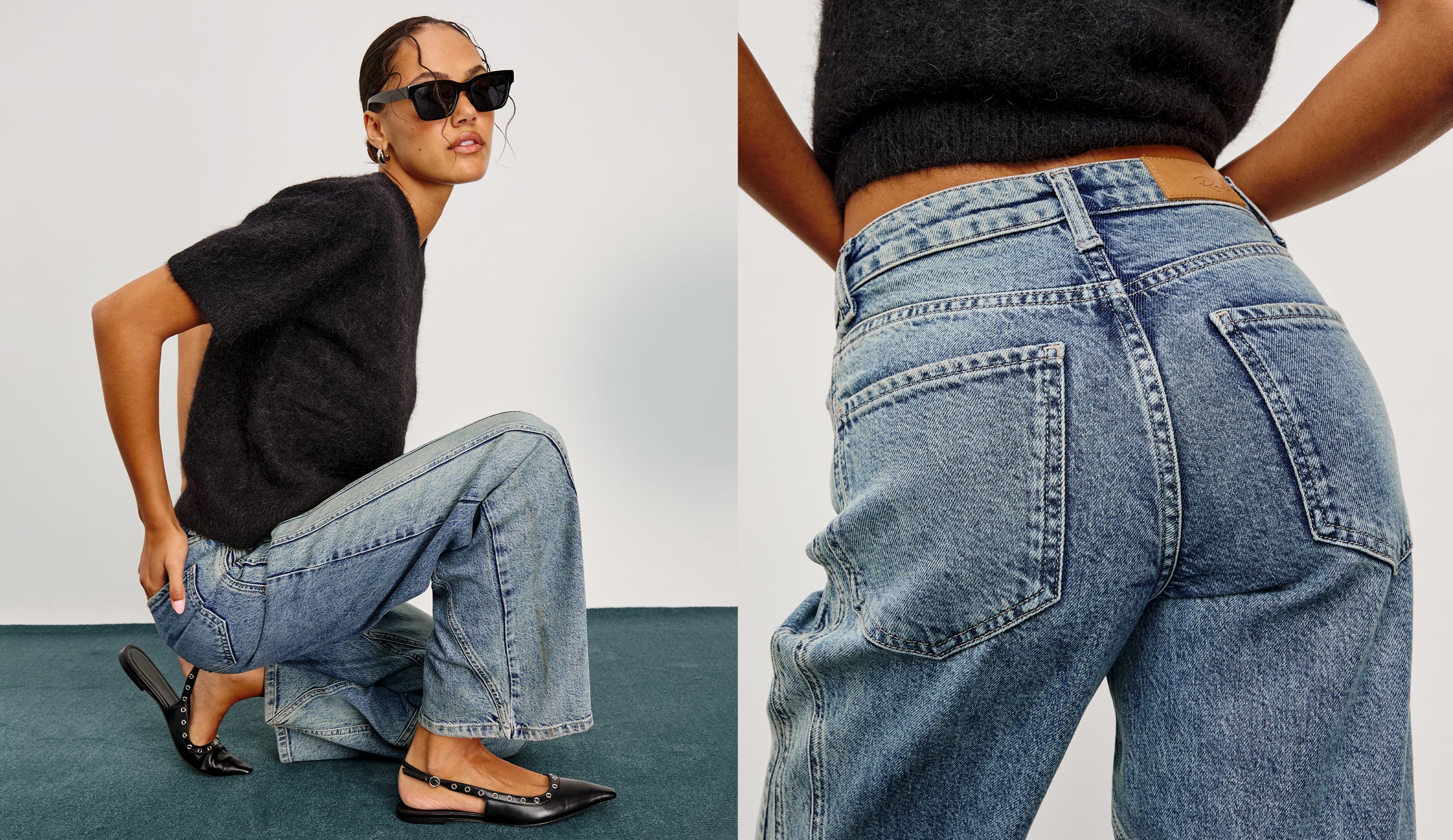 Woman wearing black top and blue jeans, with a close-up of the jeans' back pocket.