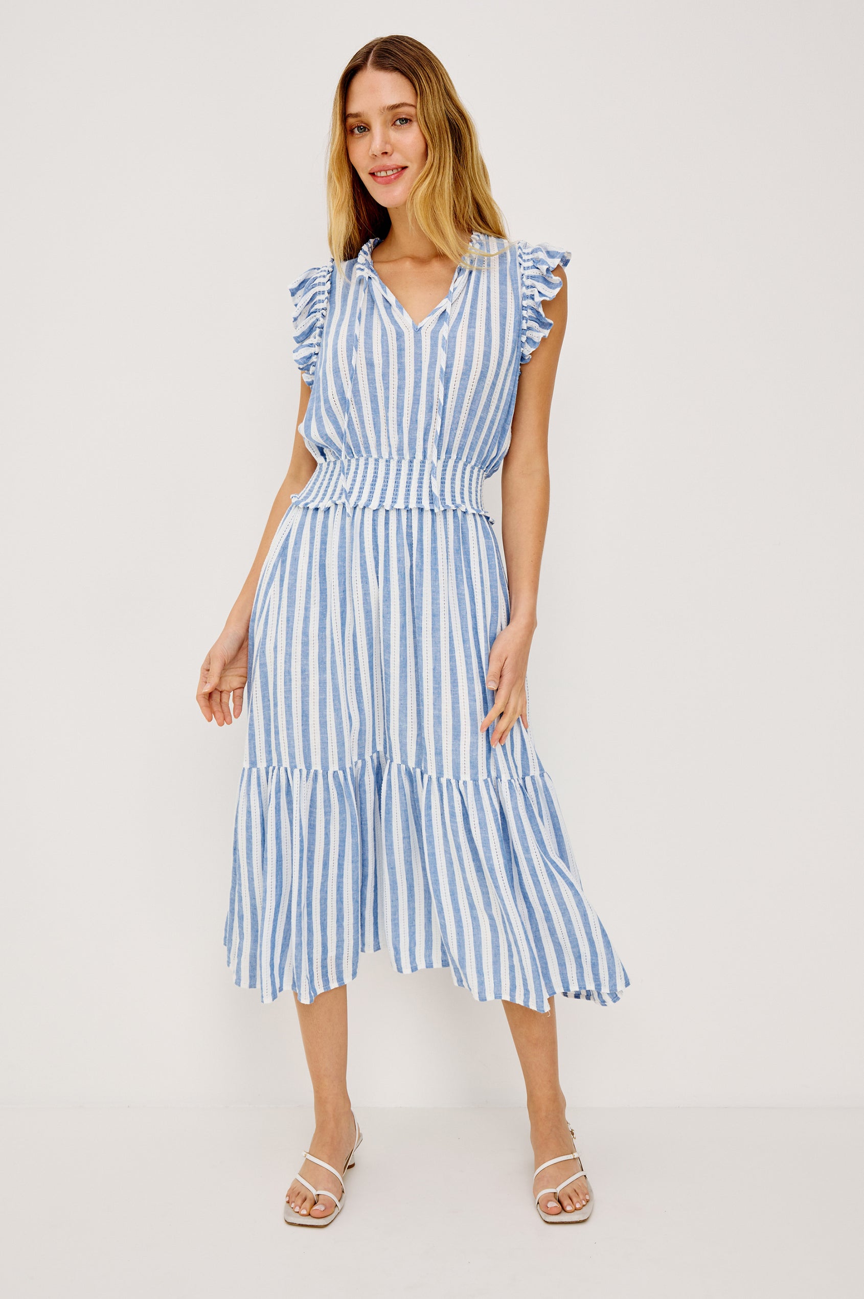 Garden Peasant Midi Dress in Linen With Ruffle Flutter Sleeves, Center Front Ties, V-Neckline, Shirred Waist, and Relaxed Fit in Atlantis Stripe Colorway - Full Body Front View Featured on Model