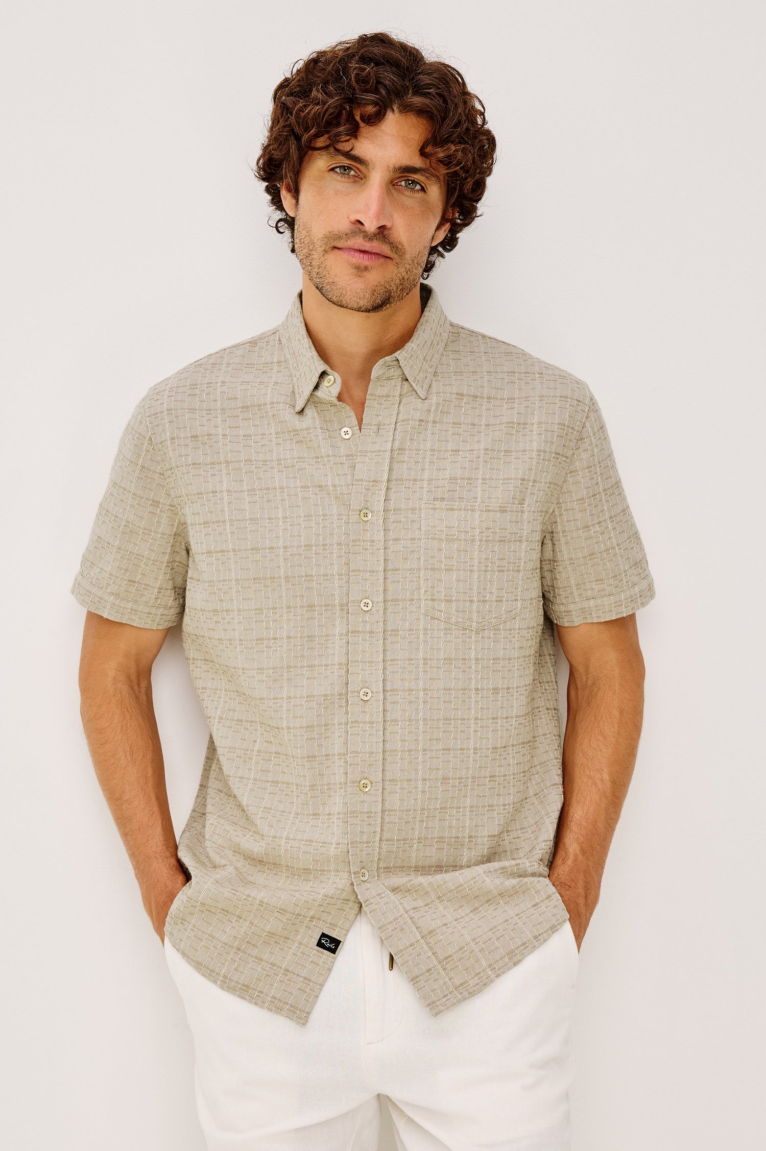 Gavin Button-Up Shirt in Linen Blend With Collar, Short Sleeves, Chest Patch Pocket, and Classic Fit in Taupe Cream Twist Colorway - Upper Body Front View Featured on Model