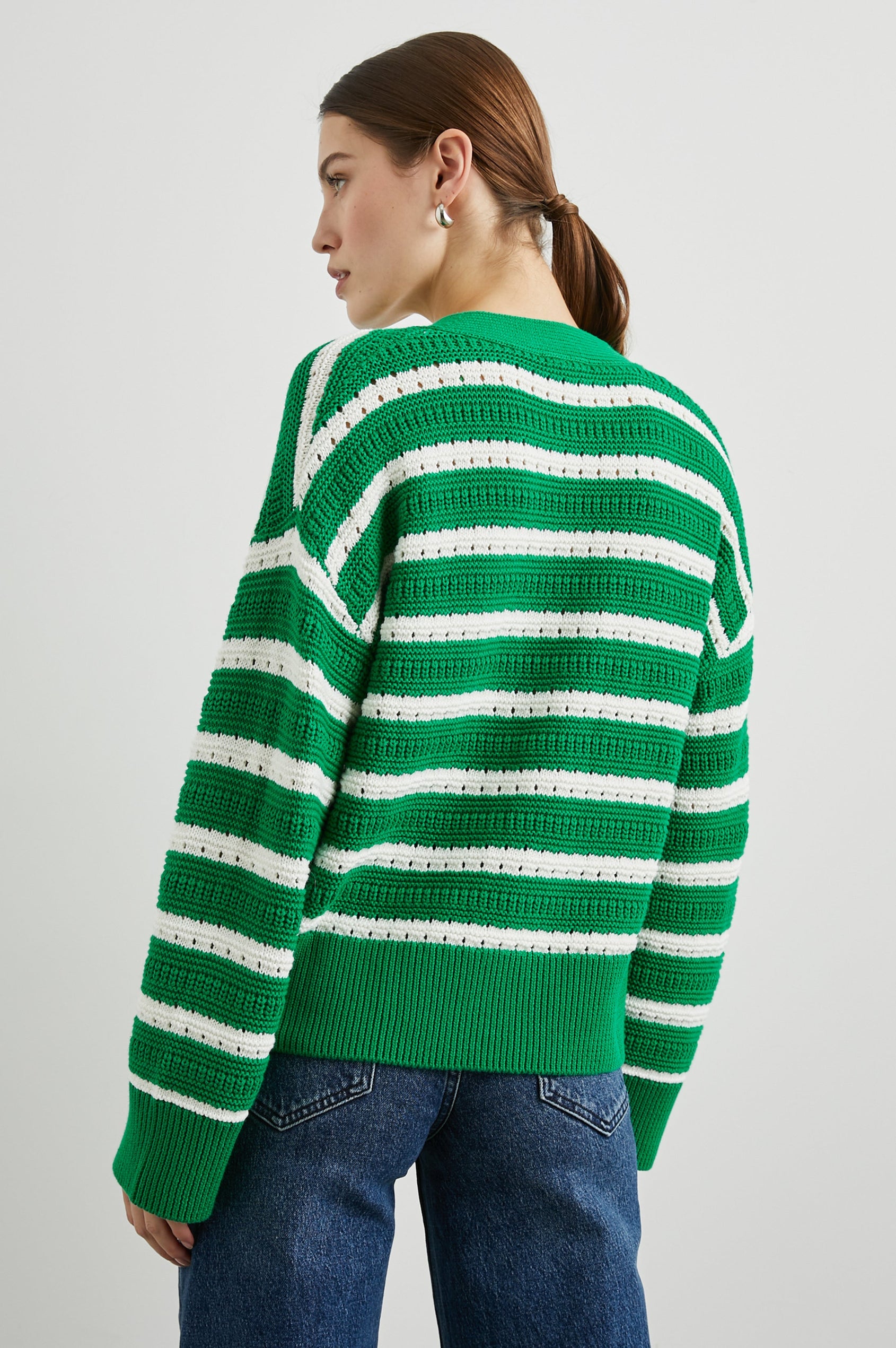 Geneva Long-Sleeve Cardigan with Button Closure and Ribbed Cuffs and Hem in Kelly Stripe Colorway, Kelly Green and White Horizontal stripes - Back View Featured on Model