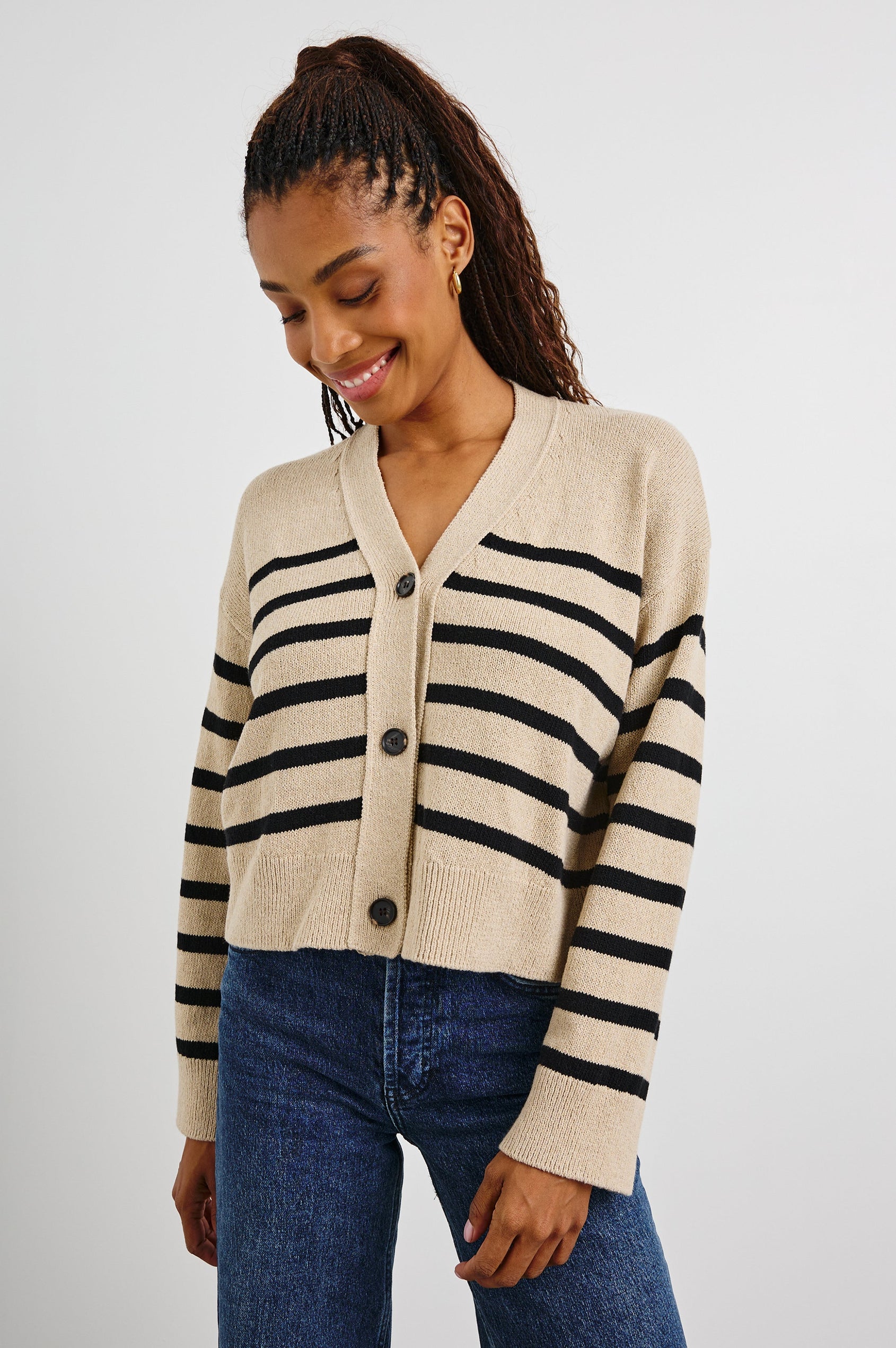 Geneva Long-Sleeve Cardigan with Button Closure and Ribbed Cuffs and Hem in Oatmeal Black Stripe Colorway, Horizontal Stripes - Front View Featured on Model