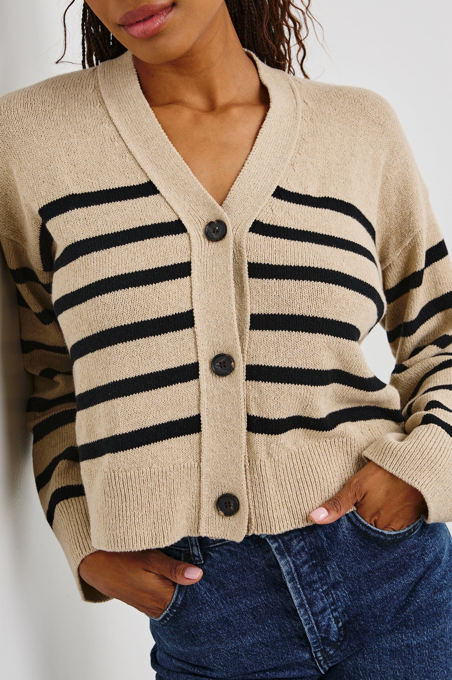Geneva Long-Sleeve Cardigan with Button Closure and Ribbed Cuffs and Hem in Oatmeal Black Stripe Colorway, Horizontal Stripes - Front View Featured on Model
