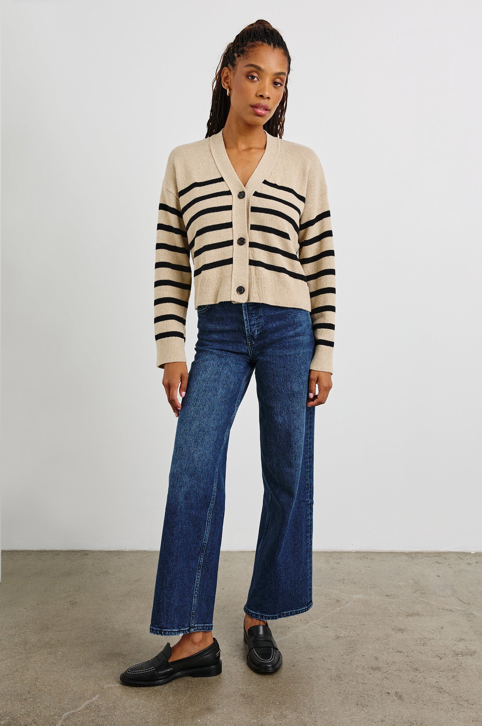 Geneva Long-Sleeve Cardigan with Button Closure and Ribbed Cuffs and Hem in Oatmeal Black Stripe Colorway, Horizontal Stripes - Front Full Body View Featured on Model