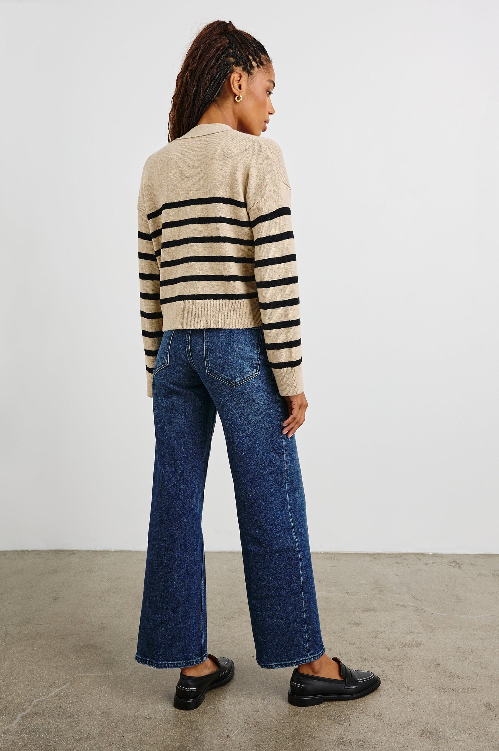 Geneva Long-Sleeve Cardigan with Button Closure and Ribbed Cuffs and Hem in Oatmeal Black Stripe Colorway, Horizontal Stripes - Black View Featured on Model