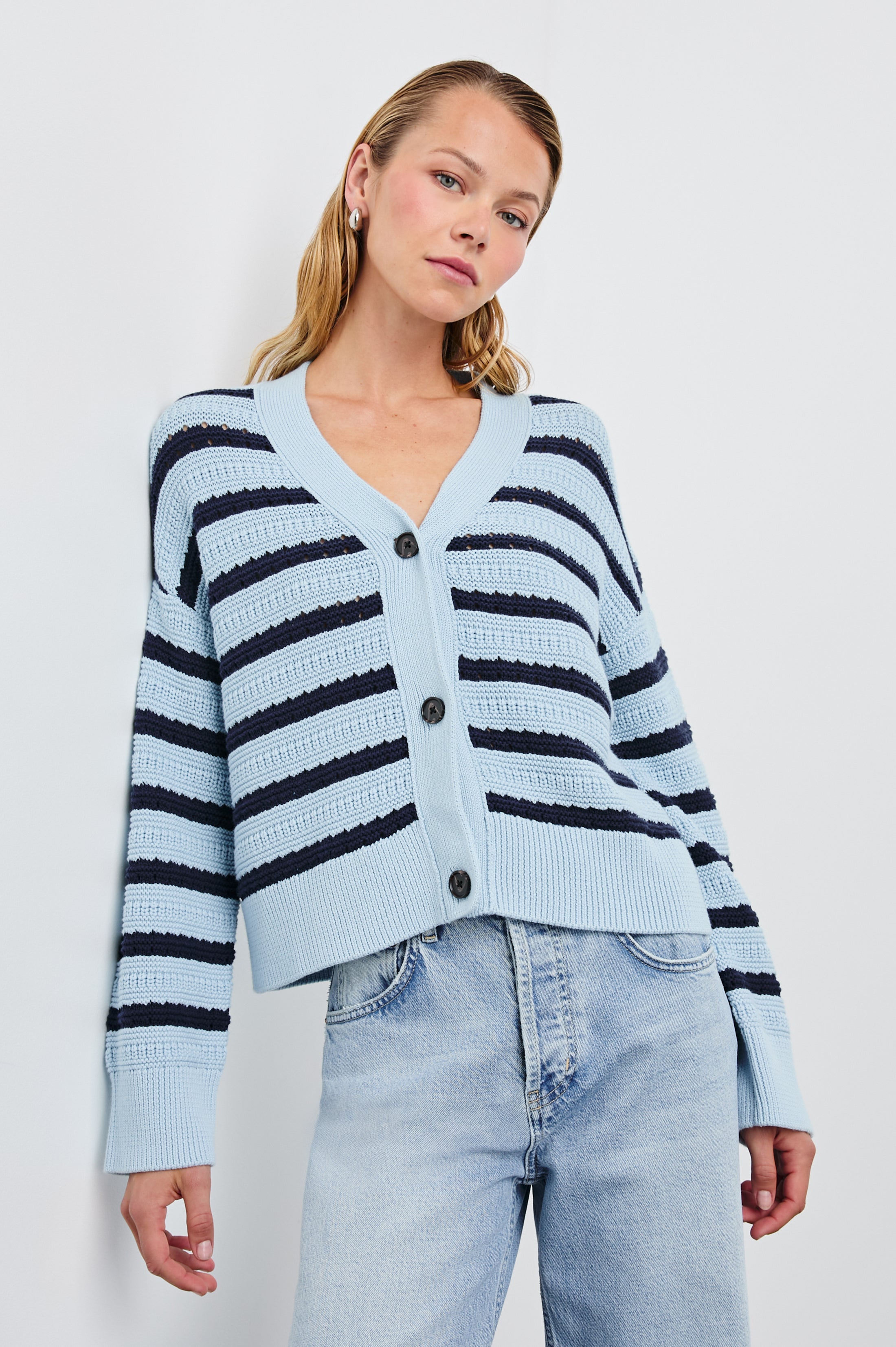 GENEVA CARDIGAN - SKY NAVY STRIPE – Rails Canada