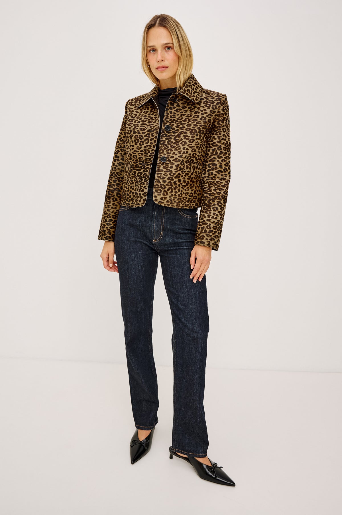 Georgie Cropped Jacket in Heavyweight Haircalf Suede With Structured Fit, Spread Collar, Front Buttons, and Welt Pockets in Brown Nala Hair Calf - Upper Body Front View Featured on Model