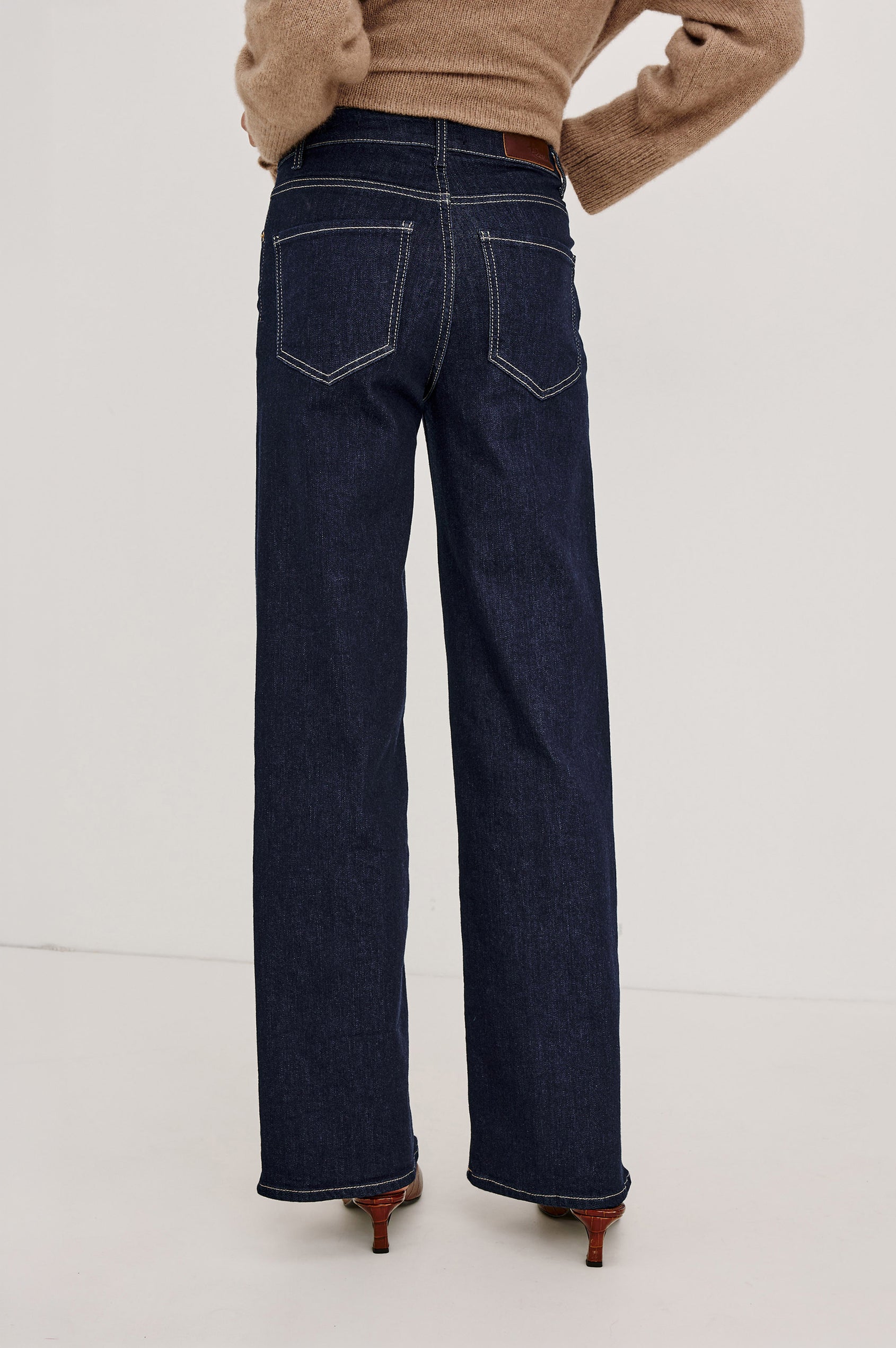 Getty Wide Leg Jean in Light Comfort-Stretch Denim With High-Rise, 5-Pockets, and Zipper Fly in After Hours Colorway - back view featured on model.