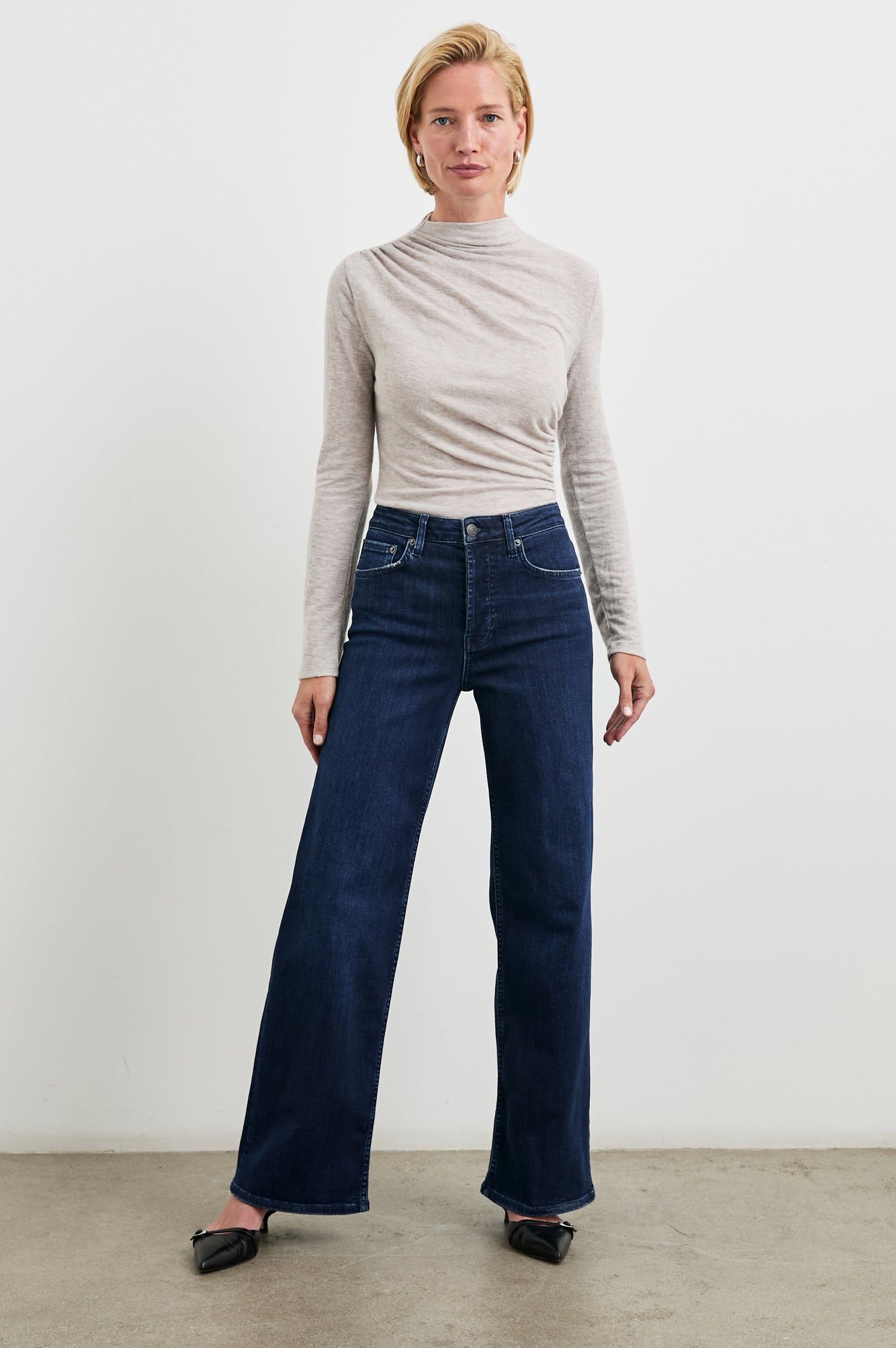 Getty Wide Leg Denim Pants with Belt Loops, Two Front Pockets and Two Back Patch Pockets in After Midnight Colorway - Front Full Body View Featured on Model