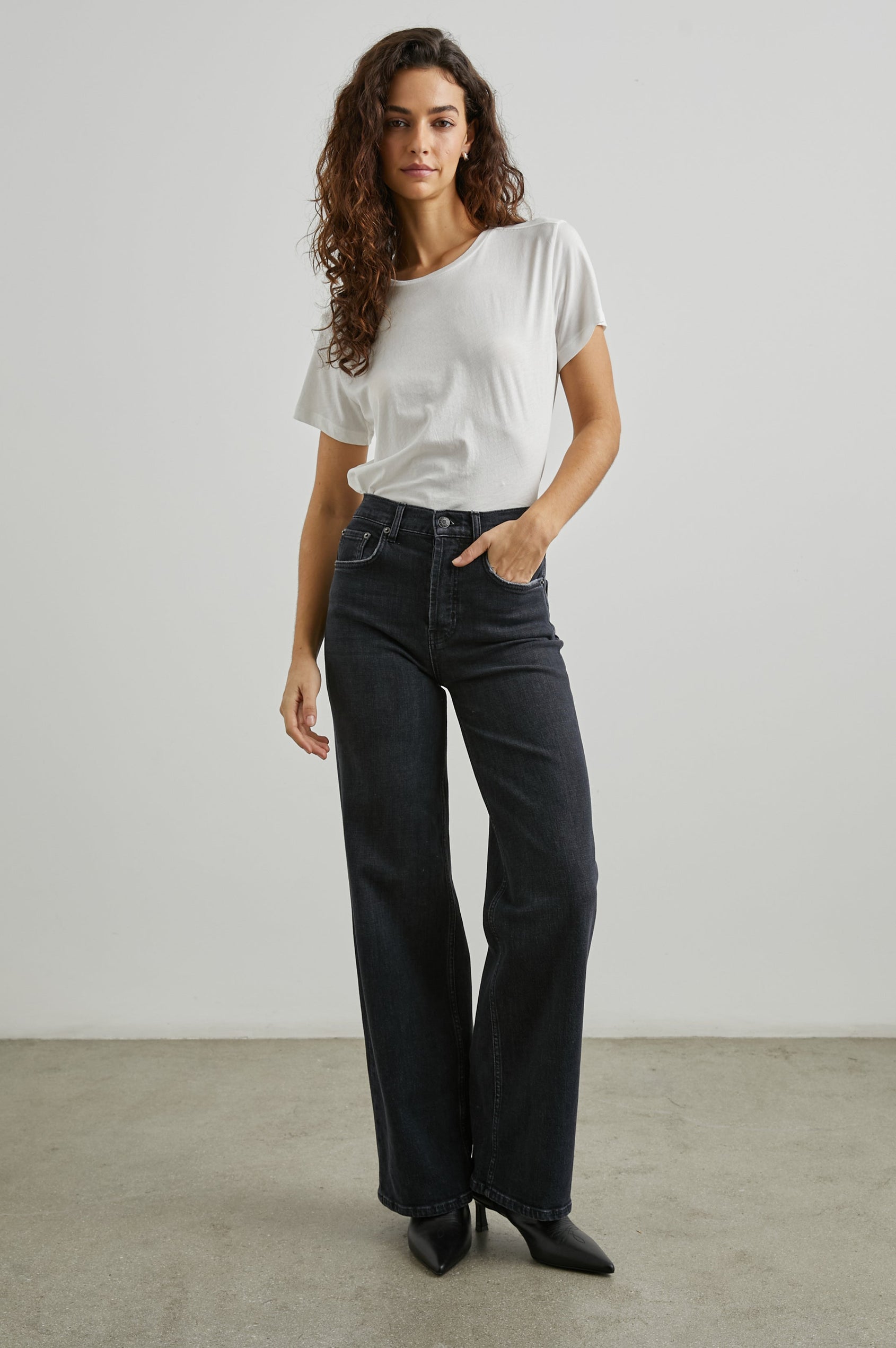 Getty Wide Leg Denim Pants with Belt Loops, Two Front Pockets and Two Back Patch Pockets in Black Pearl Colorway - Front Full Body View Featured on Model