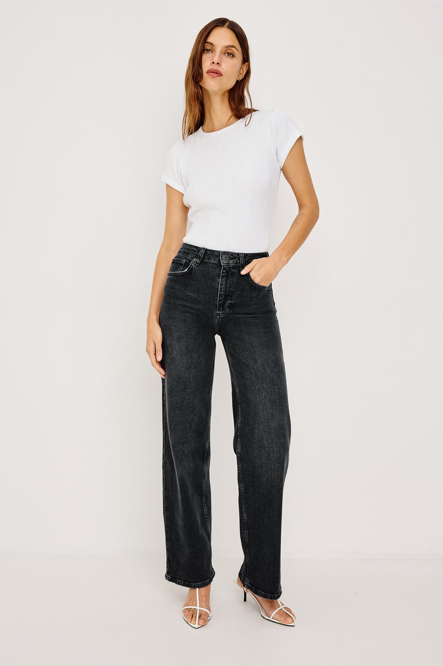 Getty Wide Leg Denim Pants with Belt Loops, Two Front Pockets and Two Back Patch Pockets in Black Pearl Colorway - Front Full Body View Featured on Model
