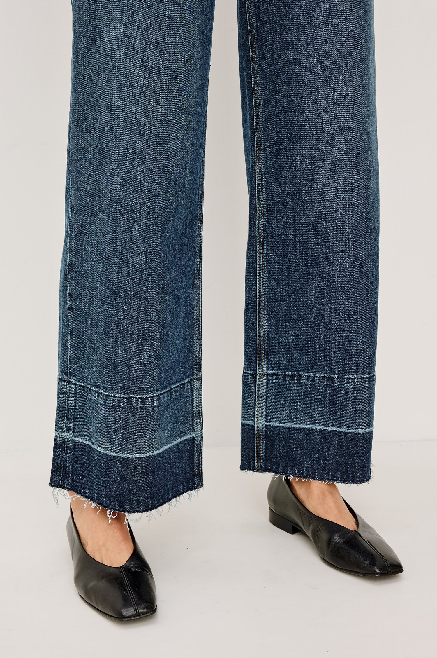 Getty Crop Wide Leg Jean in Rigid Denim With High-Rise, Wide Legs, and Cropped Inseam in Creekside Colorway - Hem View Featured on Model