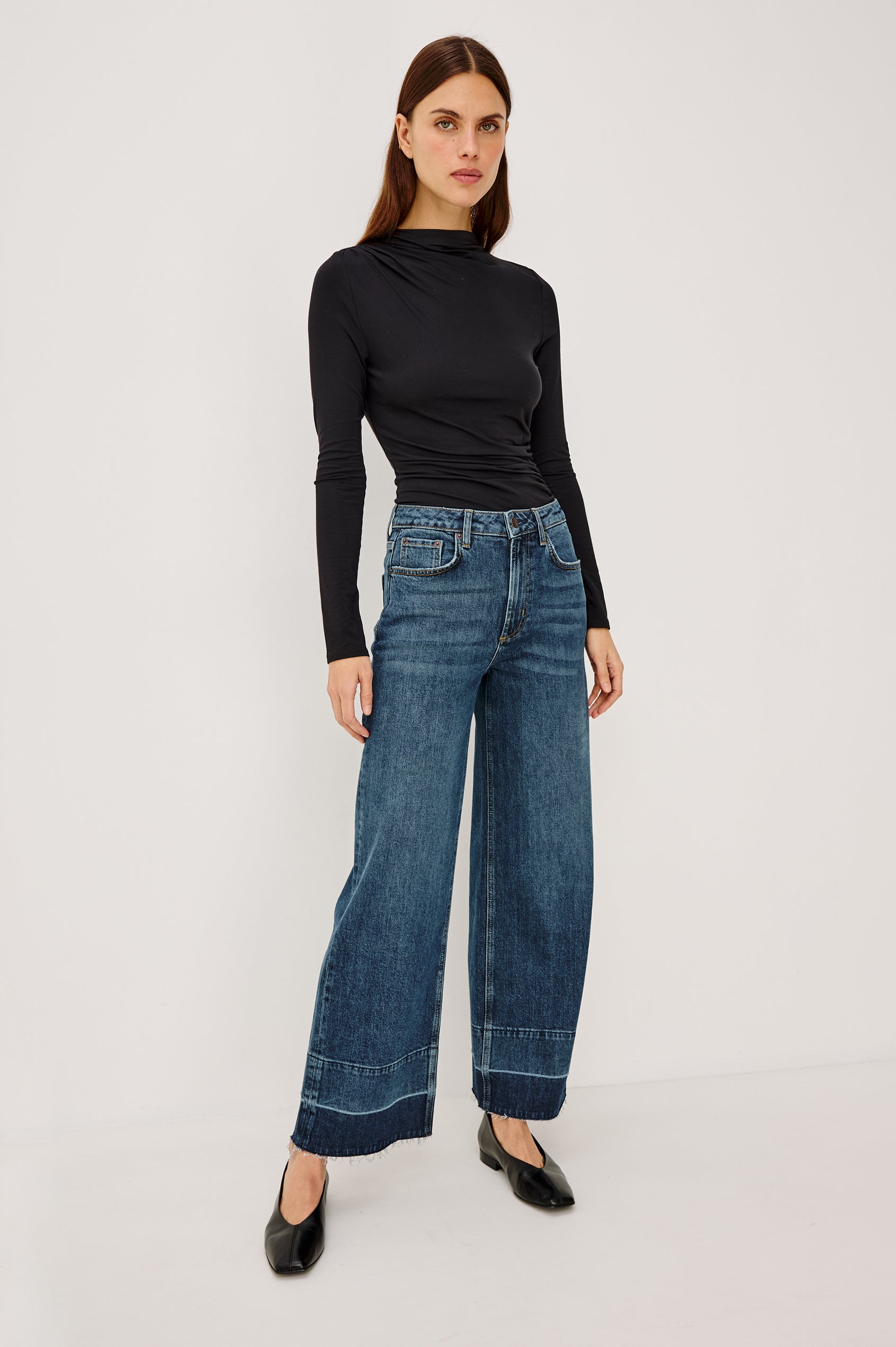 Getty Crop Wide Leg Jean in Rigid Denim With High-Rise, Wide Legs, and Cropped Inseam in Creekside Colorway - Full Body Front View Featured on Model