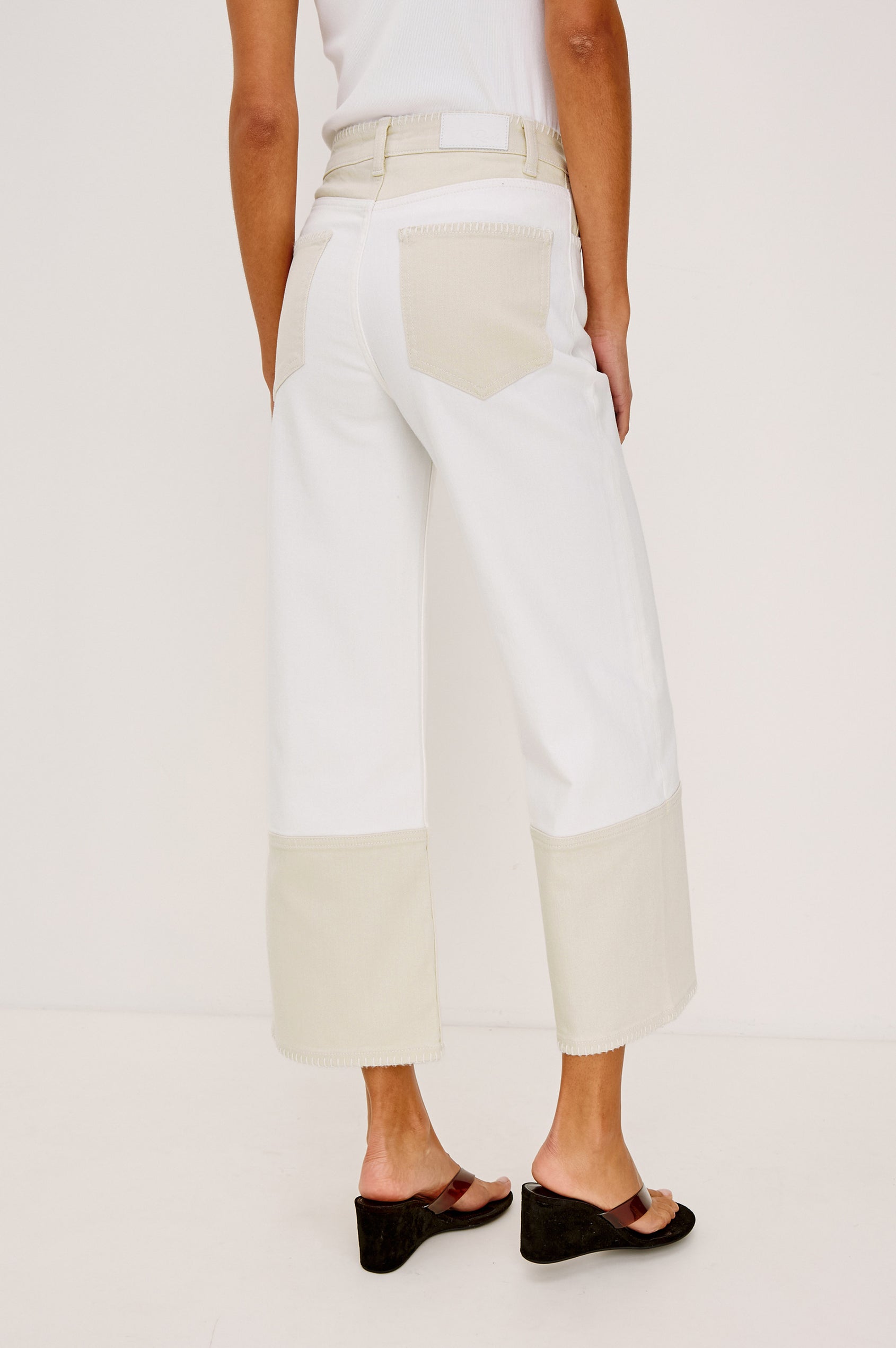 Getty cropped wide leg jean with blanket stiching and dual tones in Crema Embroidered - back view on model