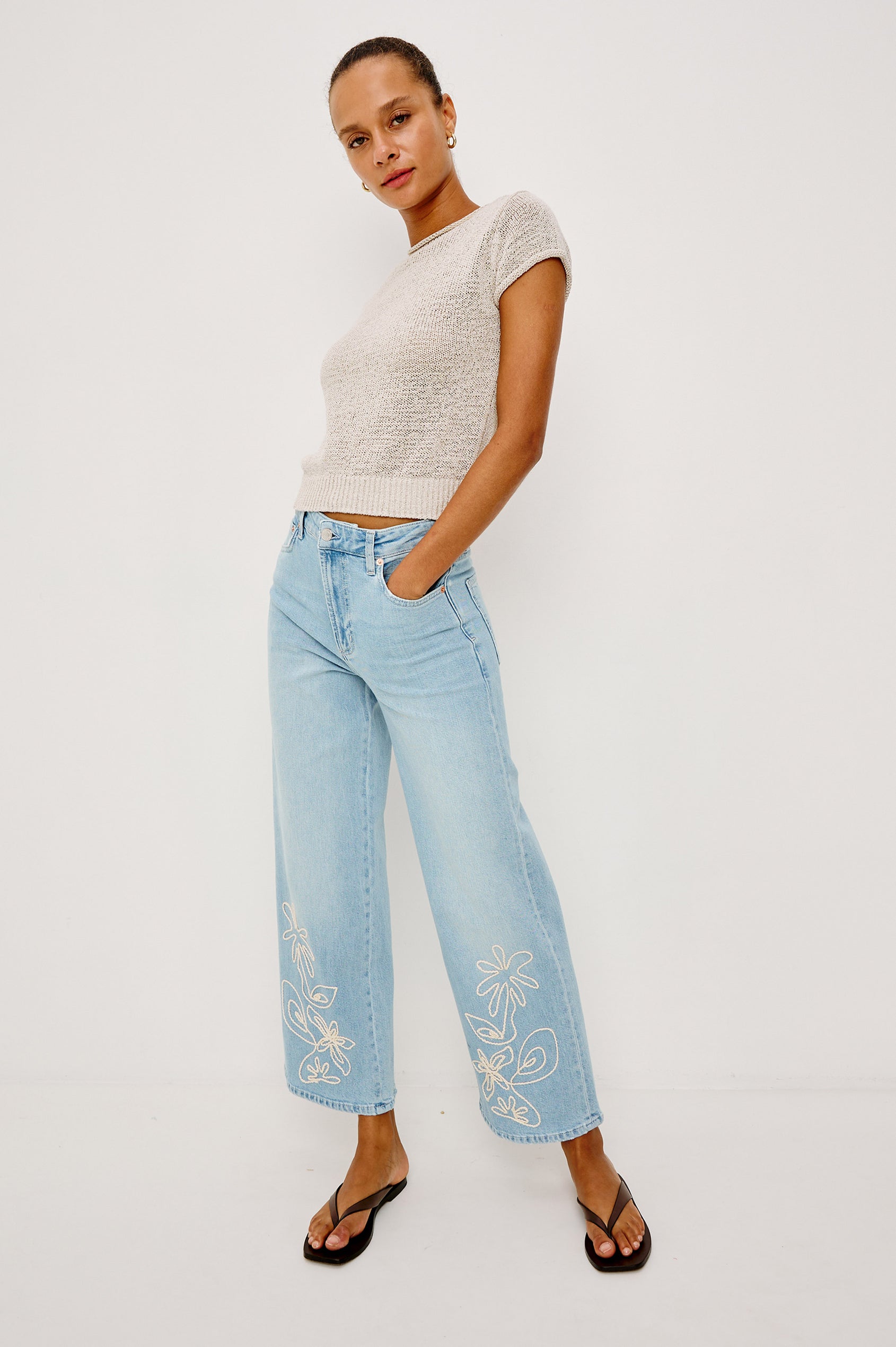 Getty Crop Jean in Light Stretch Denim With Wide Straight Legs, 27″ Inseam, 5-Pockets, and Zip Fly in Leilani Embroidered Colorway - Full Body Front View Featured on Model