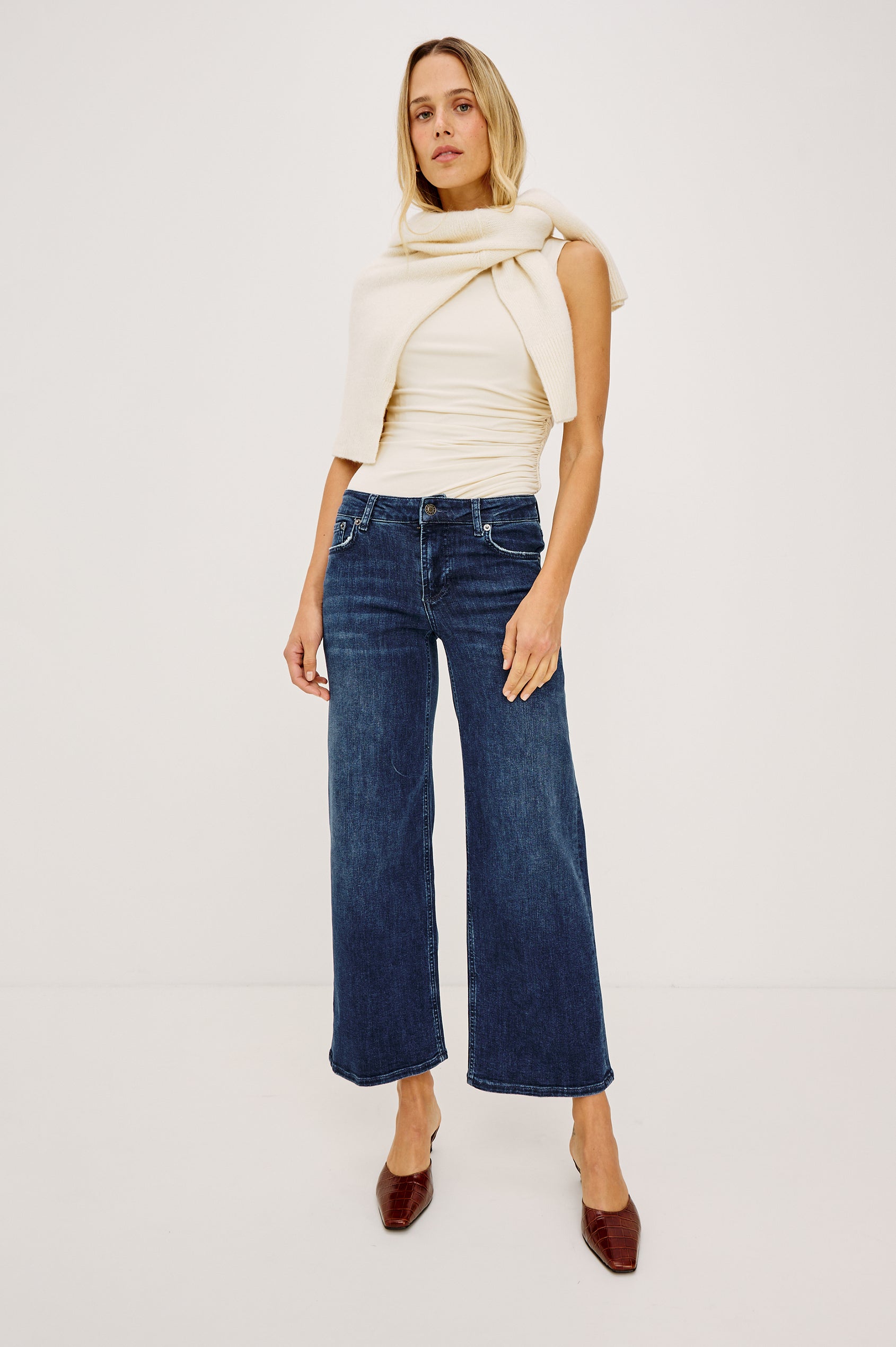 Getty Crop Low Rise Jean in Light Stretch Denim With Wide Legs and 5-Pockets in After Midnight Colorway - Full Body Front View Featured on Model
