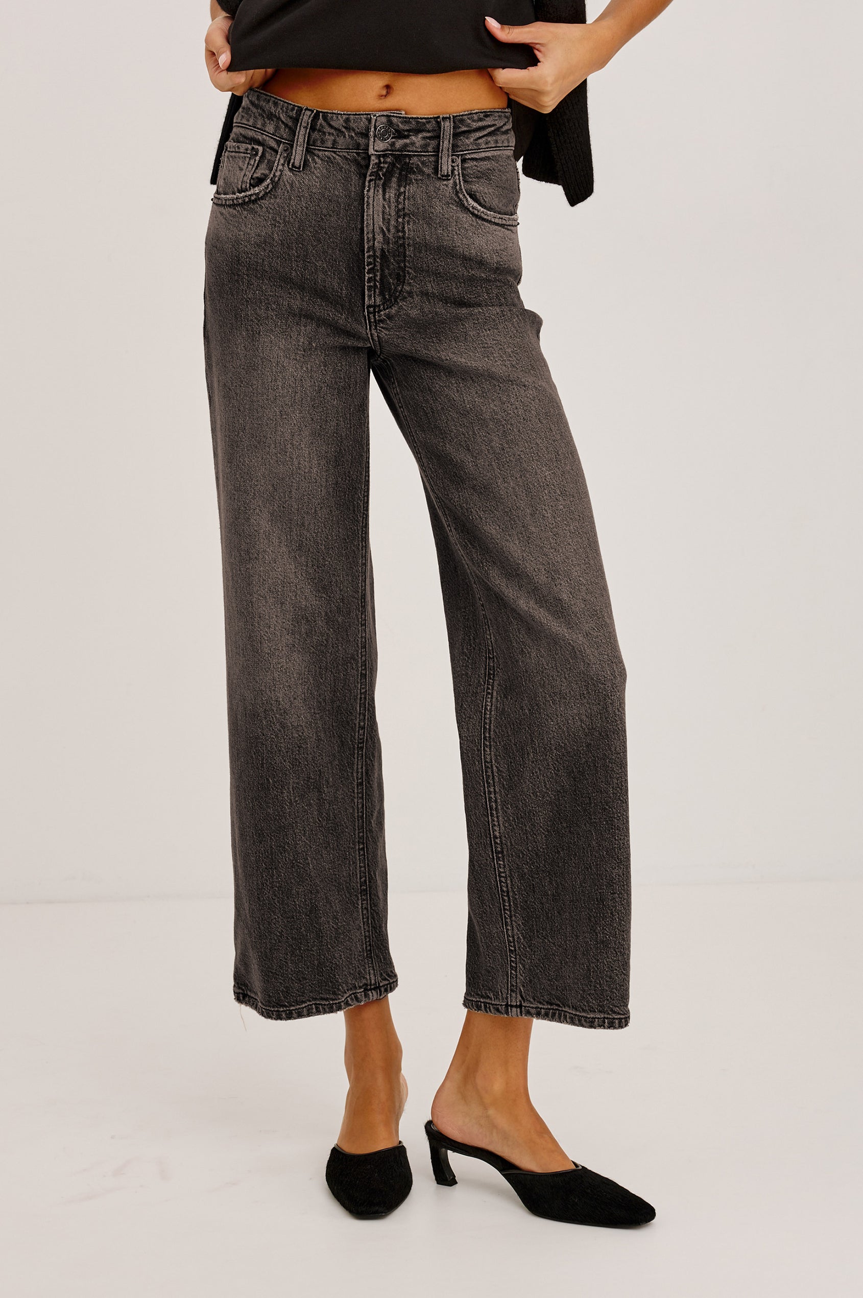 Getty Crop Low Rise Jean in Light Stretch Denim With Wide Legs and 5-Pockets in Saddleback Colorway - Lower Body Front View Featured on Model