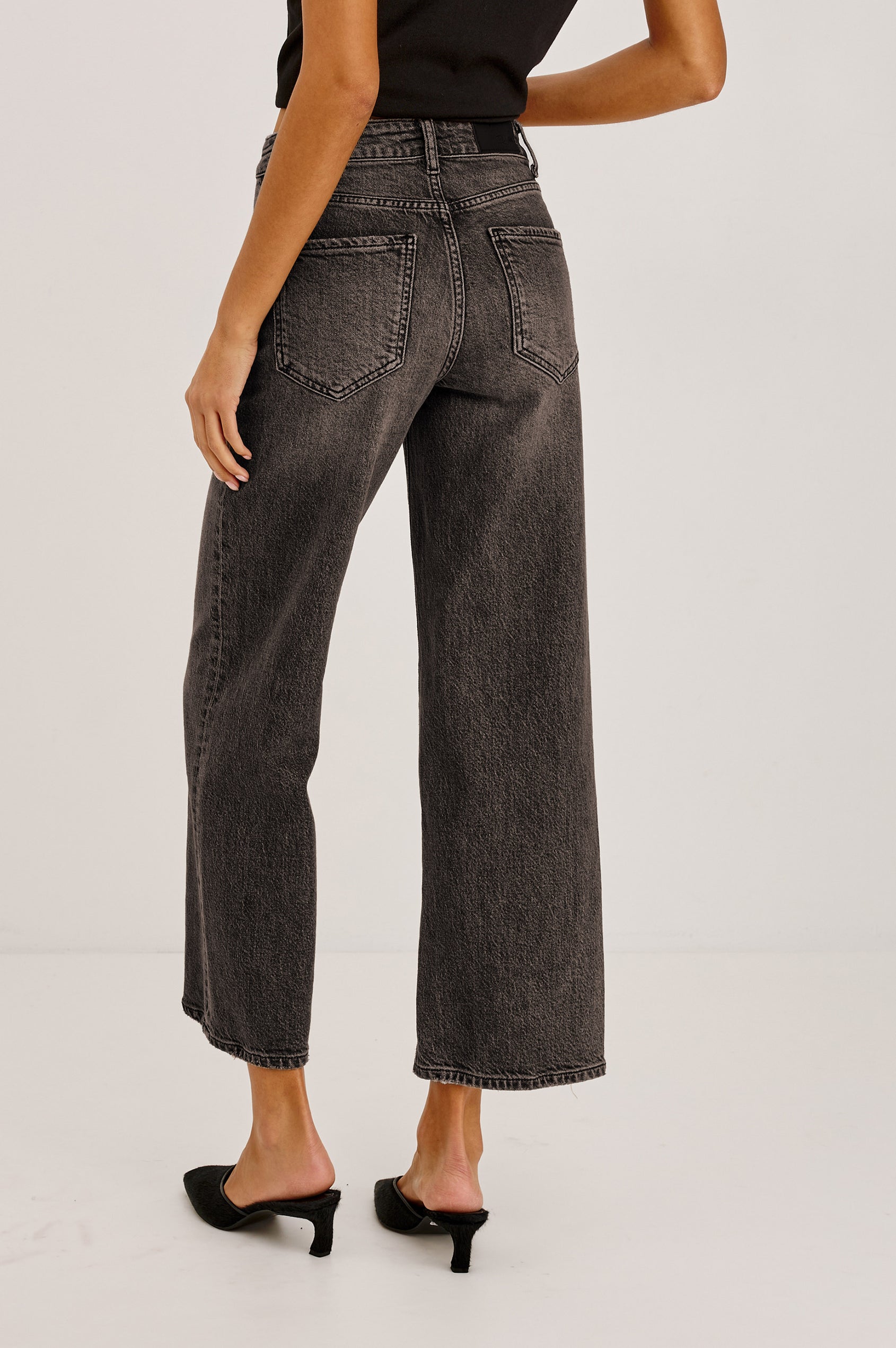 Getty Crop Low Rise Jean in Light Stretch Denim With Wide Legs and 5-Pockets in Saddleback Colorway - Lower Body Back View Featured on Model